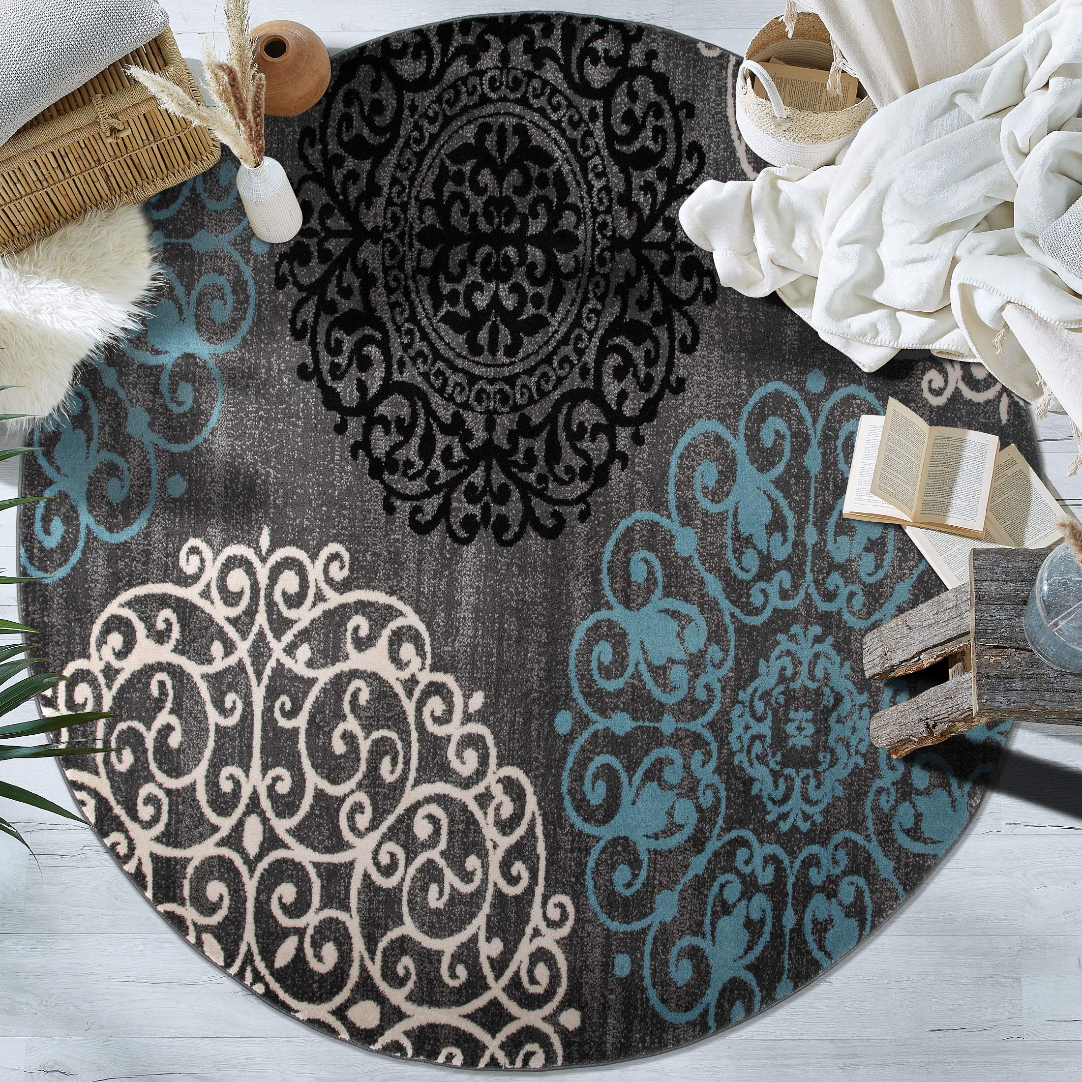 Rugshop Contemporary Modern Floral Perfect for high Traffic Areas of Your Living Room,Bedroom,Home Office,Kitchen Round Rug 6 6