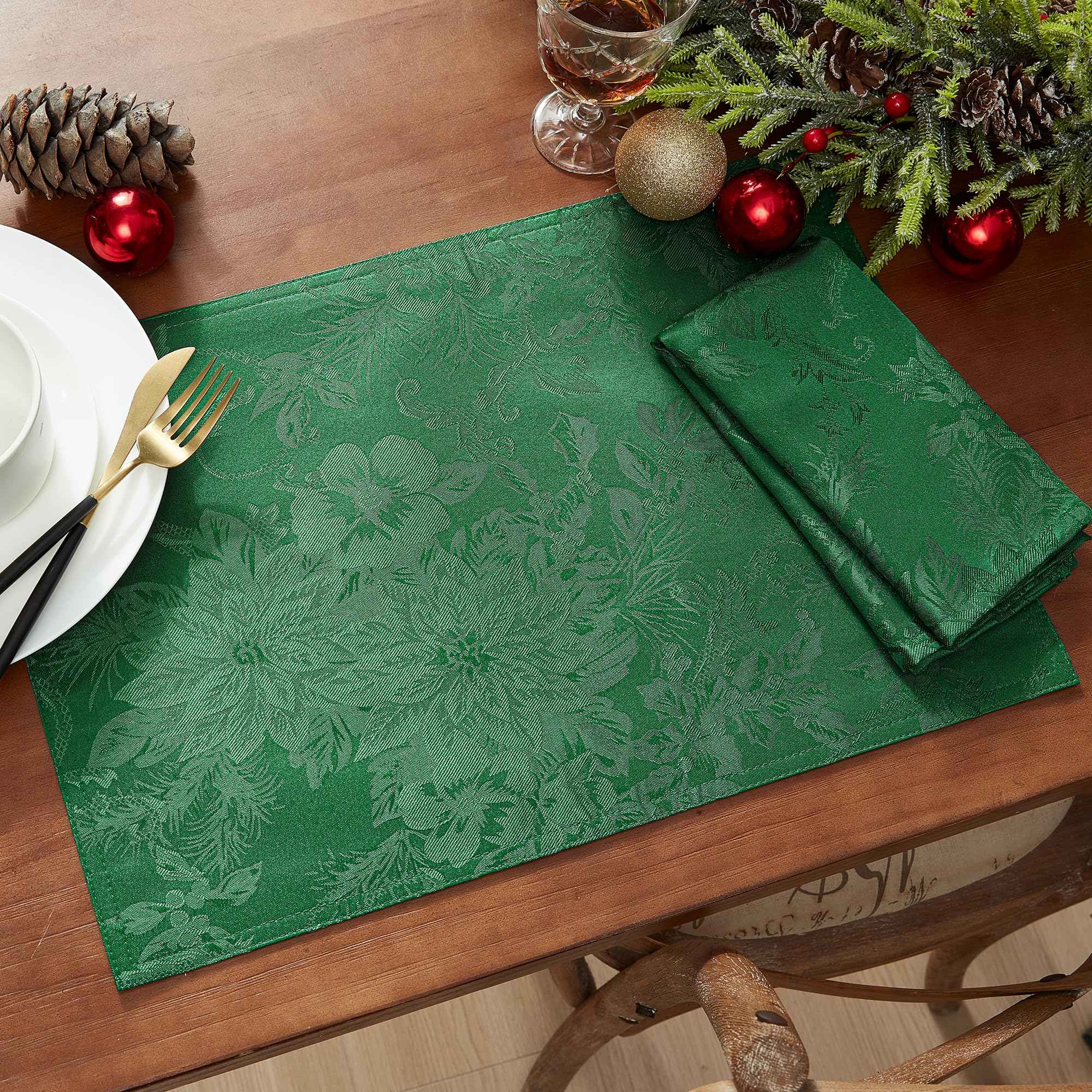 Elrene Home Fashions Poinsettia Elegance Jacquard Christmas/Holiday Cloth Dinner Napkins, Set Of 4, 17''X17'', Green