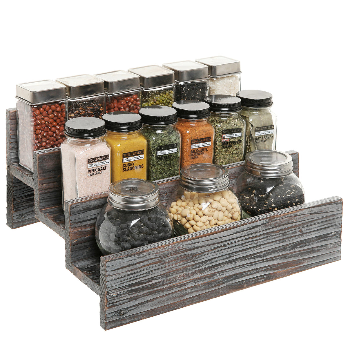 Mygift Rustic Torched Wood Spice Jar Organizer Rack With 3 Tier Stair Design, Kitchen Countertop Seasoning And Condiment Storage