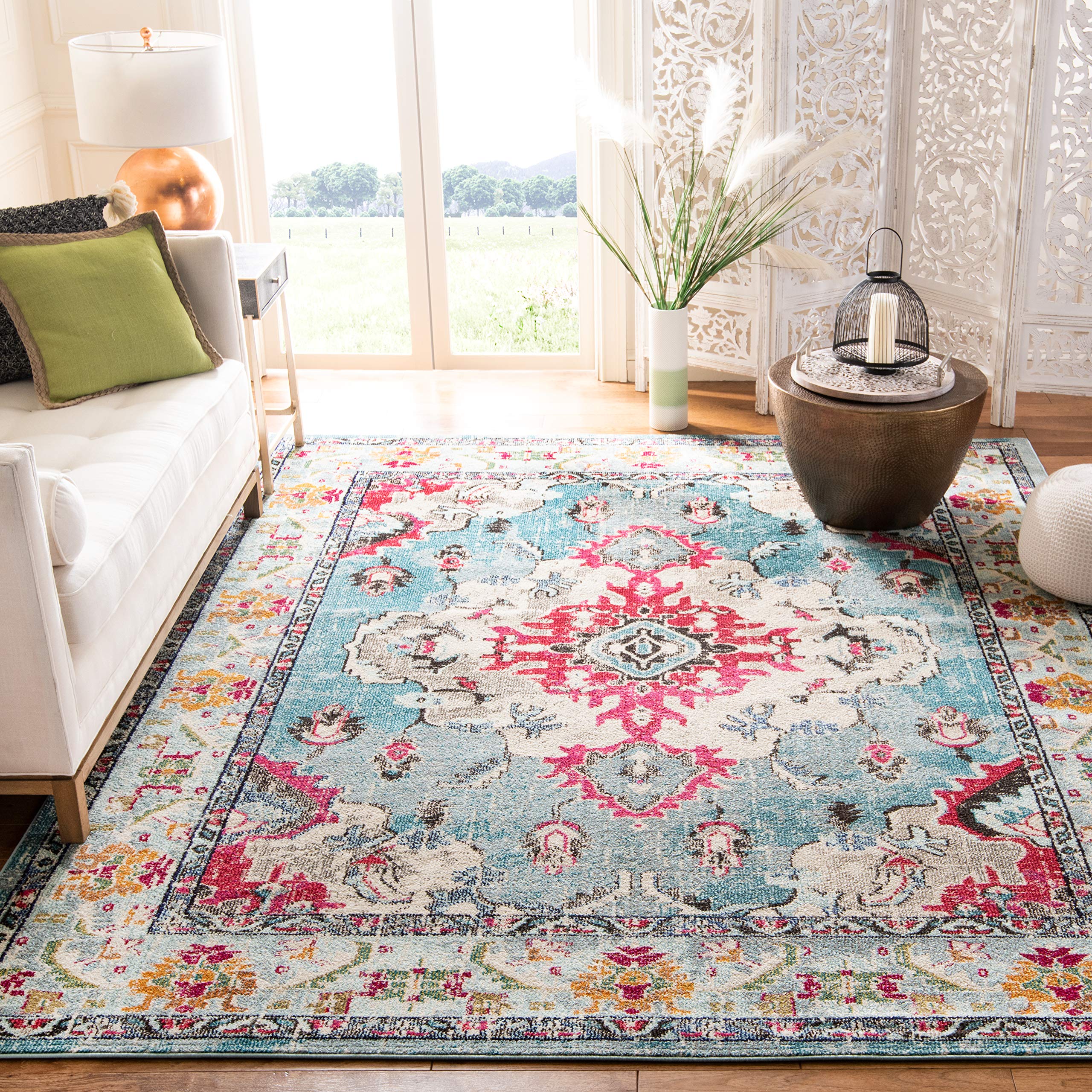 SAFAVIEH Monaco Collection Area Rug - 67 x 92, Light Blue & Fuchsia, Boho Chic Medallion Distressed Design, Non-Shedding & Eas