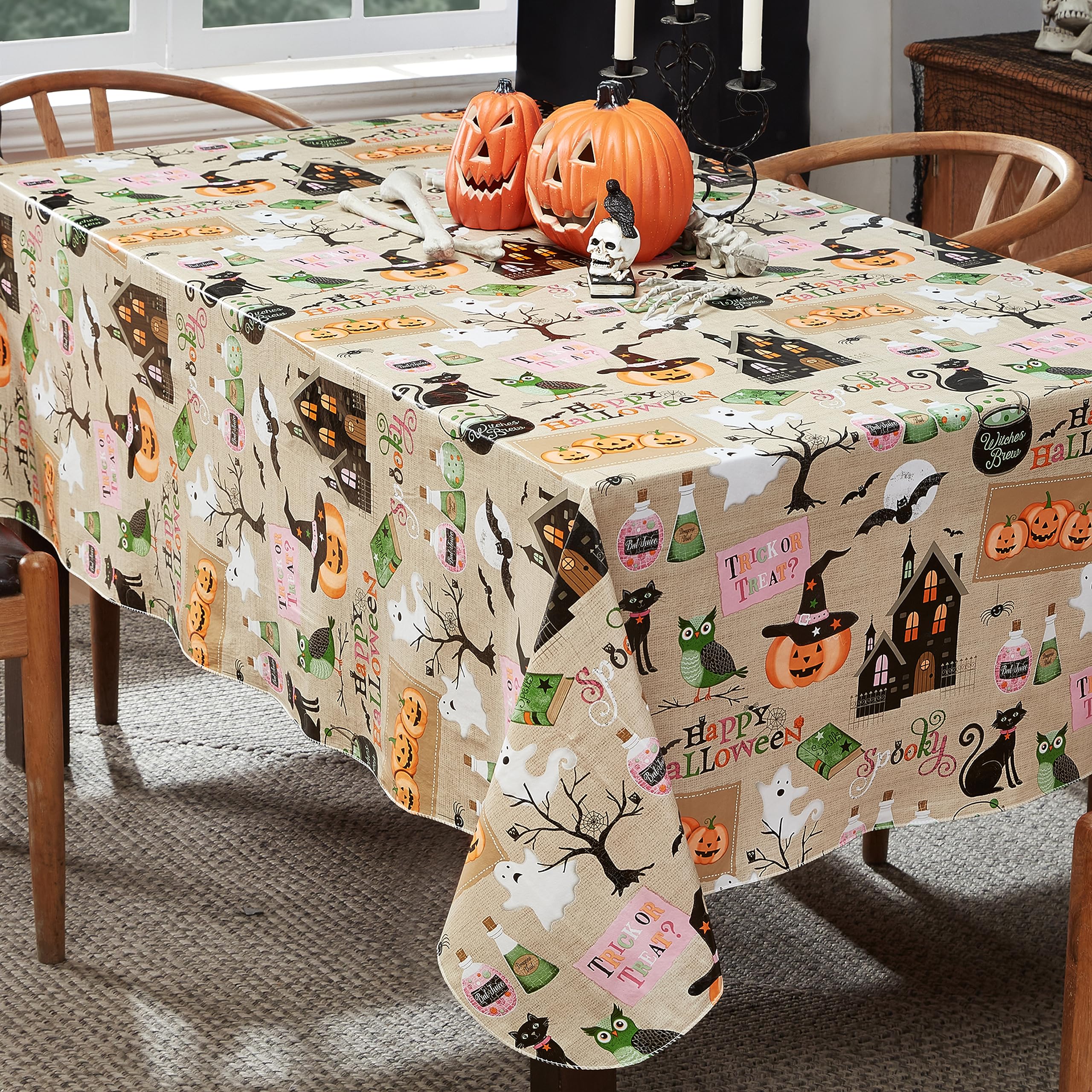 Newbridge Happy Halloween Witches Brew 52 X 52 Inch Square Vinyl Tablecloth With Flannel Backing, Witch Spells, Ghosts, Bats And
