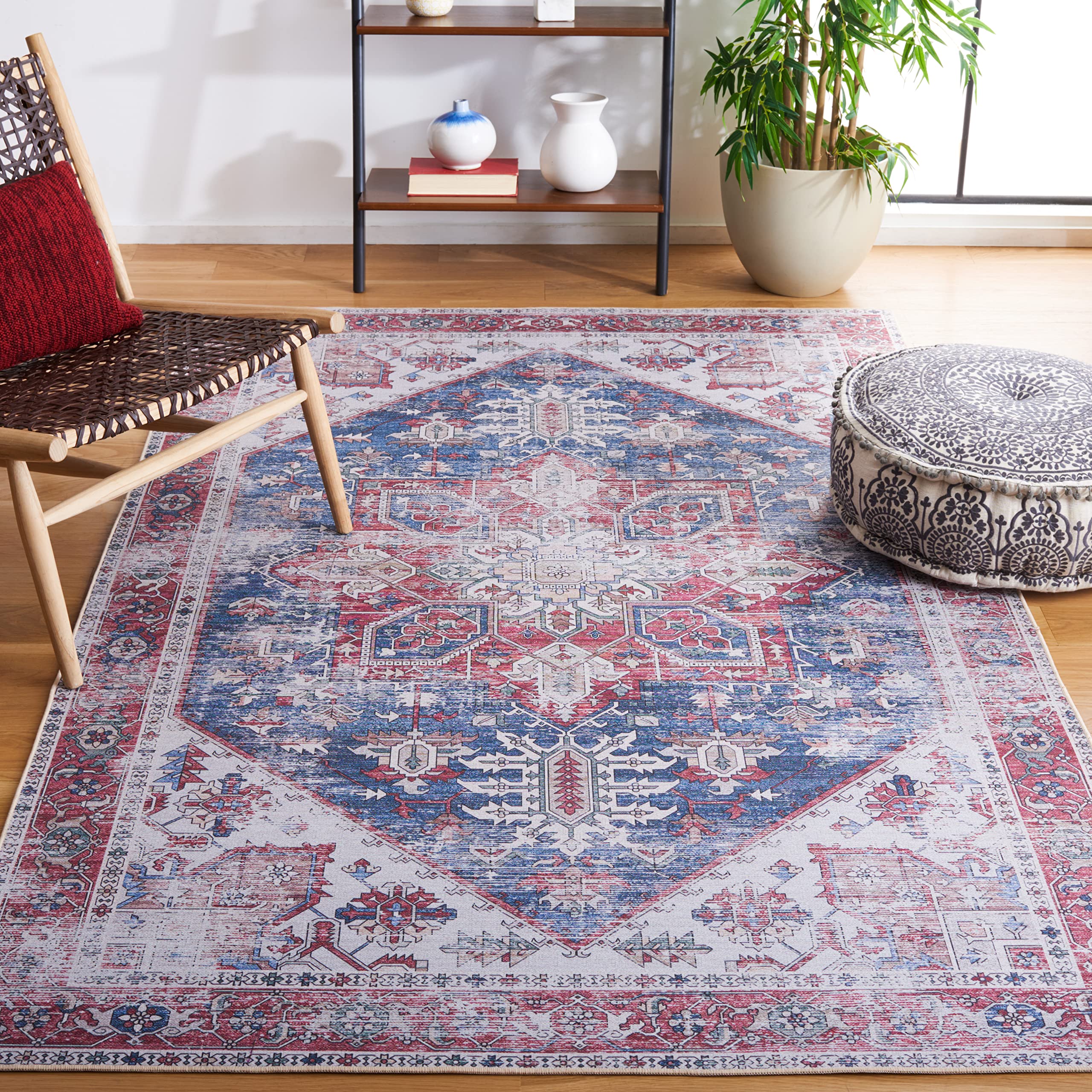 SAFAVIEH Tucson Collection Accent Rug - 4 x 6, Navy & Red, Persian Design, Non-Shedding Machine Washable & Slip Resistant Idea