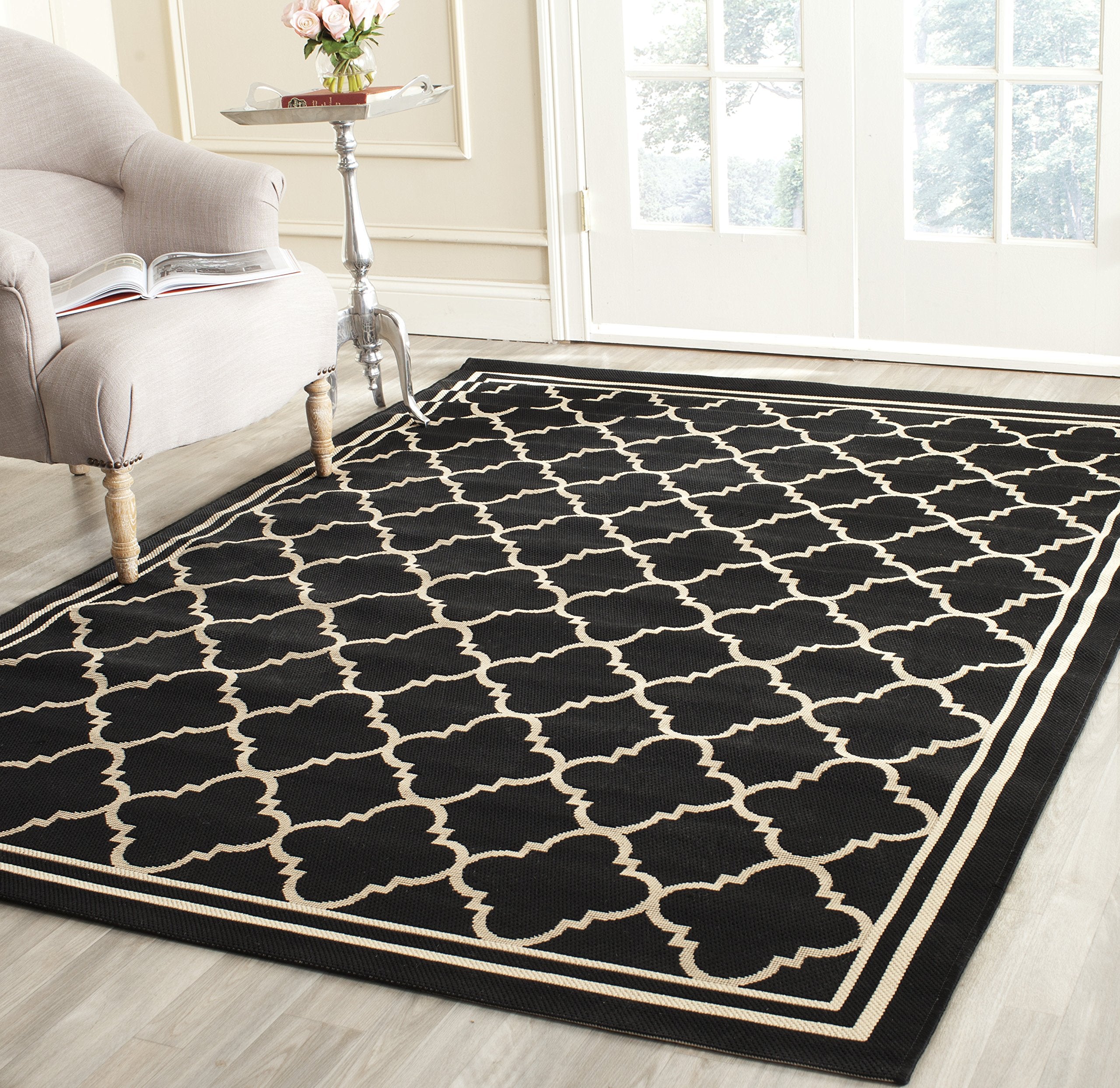 SAFAVIEH Courtyard Collection Area Rug - 53 Square, Black & Beige, Trellis Design, Non-Shedding & Easy Care, Indoor/Outdoor & W