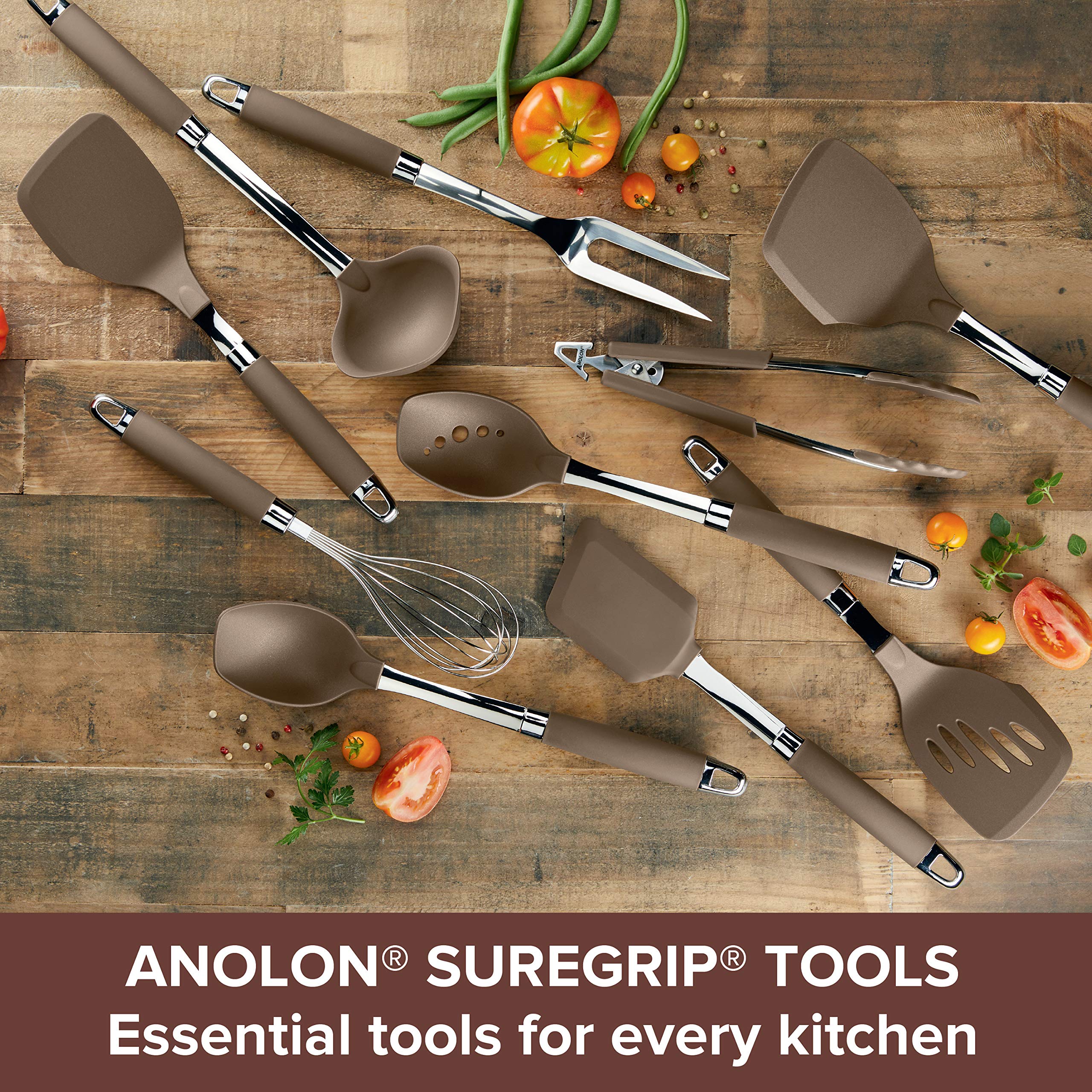 Anolon Suregrip Dishwasher Safe Nonstick Locking Cooking Tongs Set/Salad Serving Tools, 9 Inch And 12 Inch, Bronze Brown