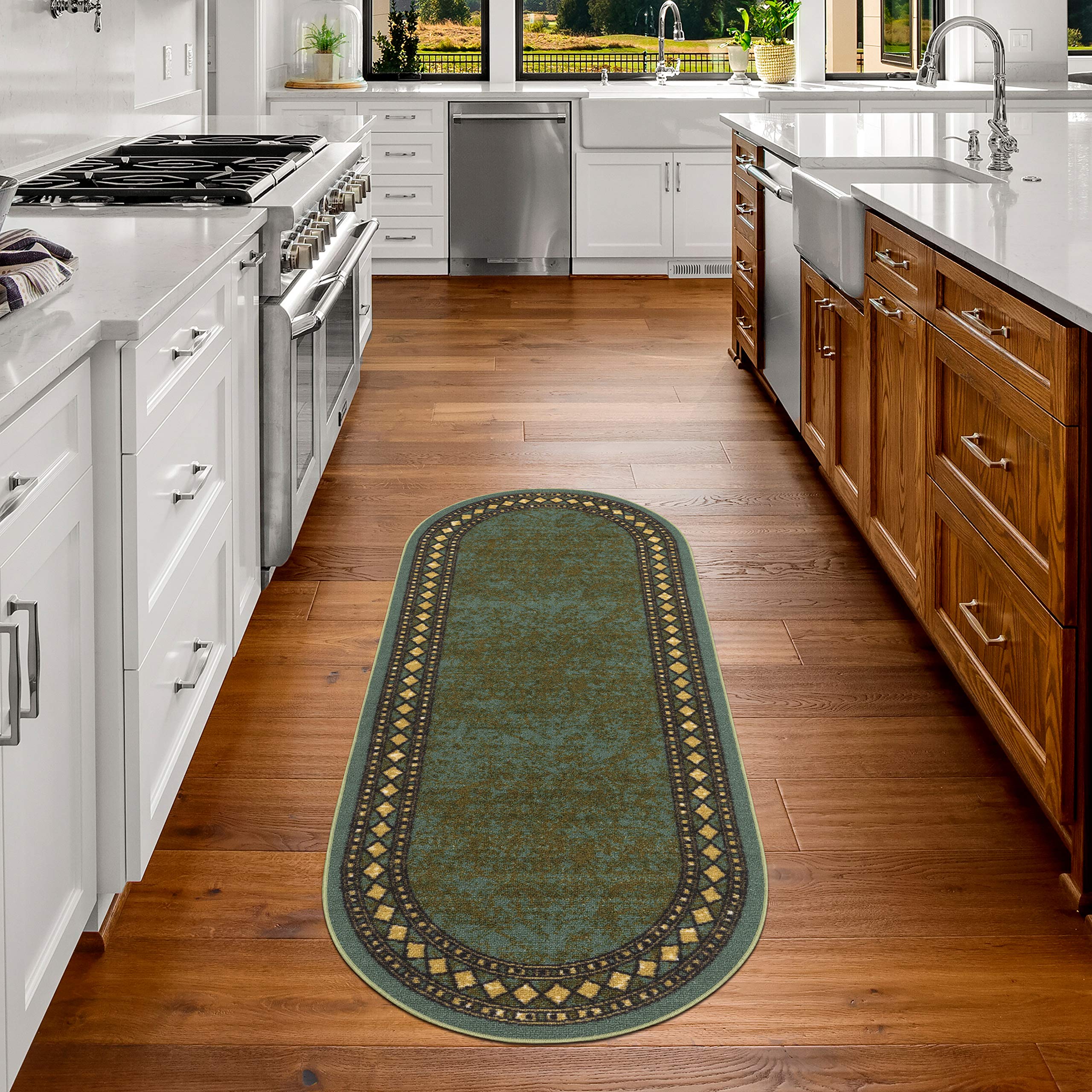 Antep Rugs Alfombras Modern Bordered 2x5 Non-Skid (Non-Slip) Low Profile Pile Rubber Backing Kitchen Area Rugs (Green, 2 x 5 O