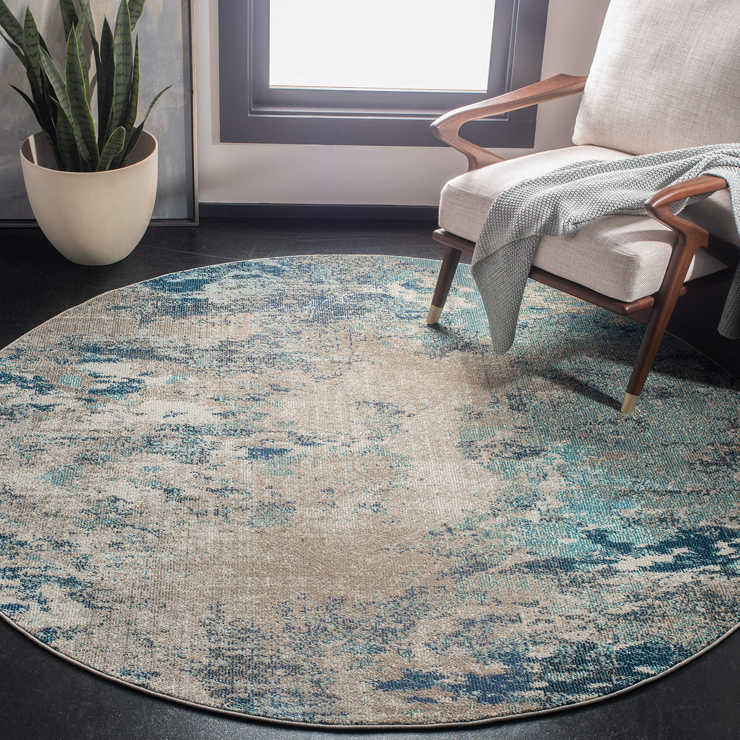 SAFAVIEH Madison Collection Area Rug - 9 Round, Blue & Grey, Modern Boho Abstract Design, Non-Shedding & Easy Care, Ideal for H