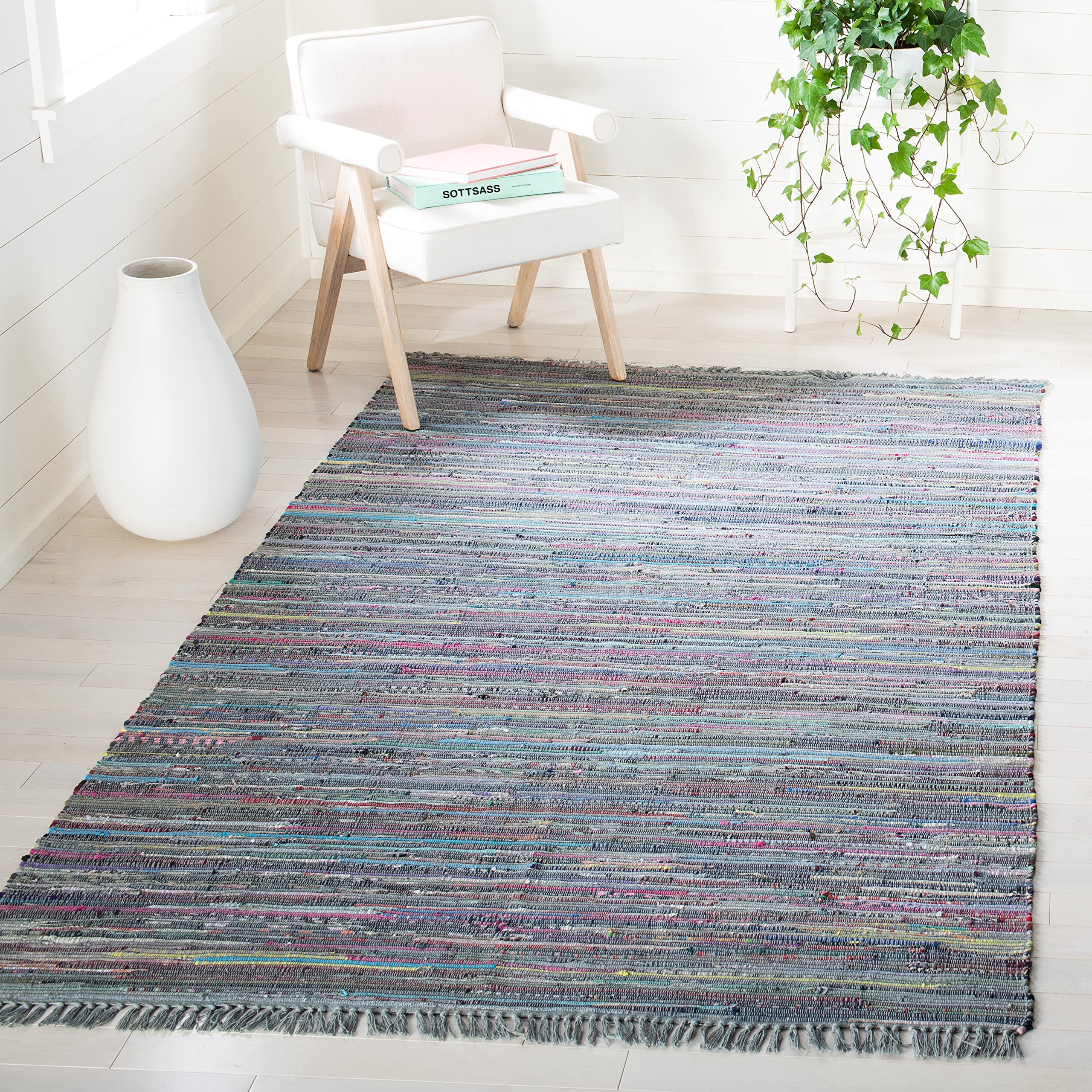 SAFAVIEH Rag Rug Collection Accent Rug - 4 x 6, Aqua & Multi, Handmade Boho Stripe Cotton, Ideal for High Traffic Areas in Ent