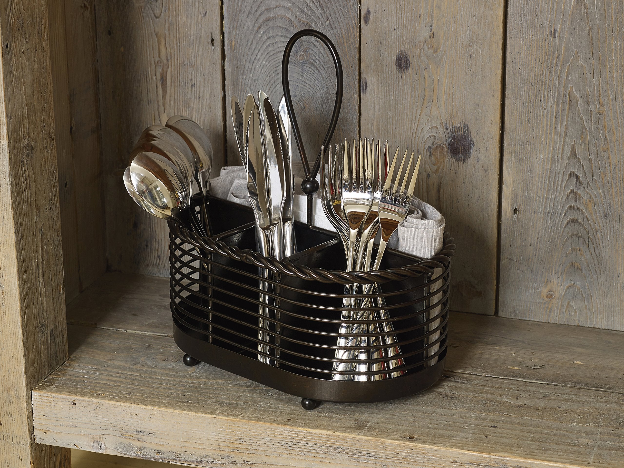 Gourmet Basics By Mikasa Rope Metal Tabletop Flatware And Napkin Picnic Caddy, 10'', Antique Black