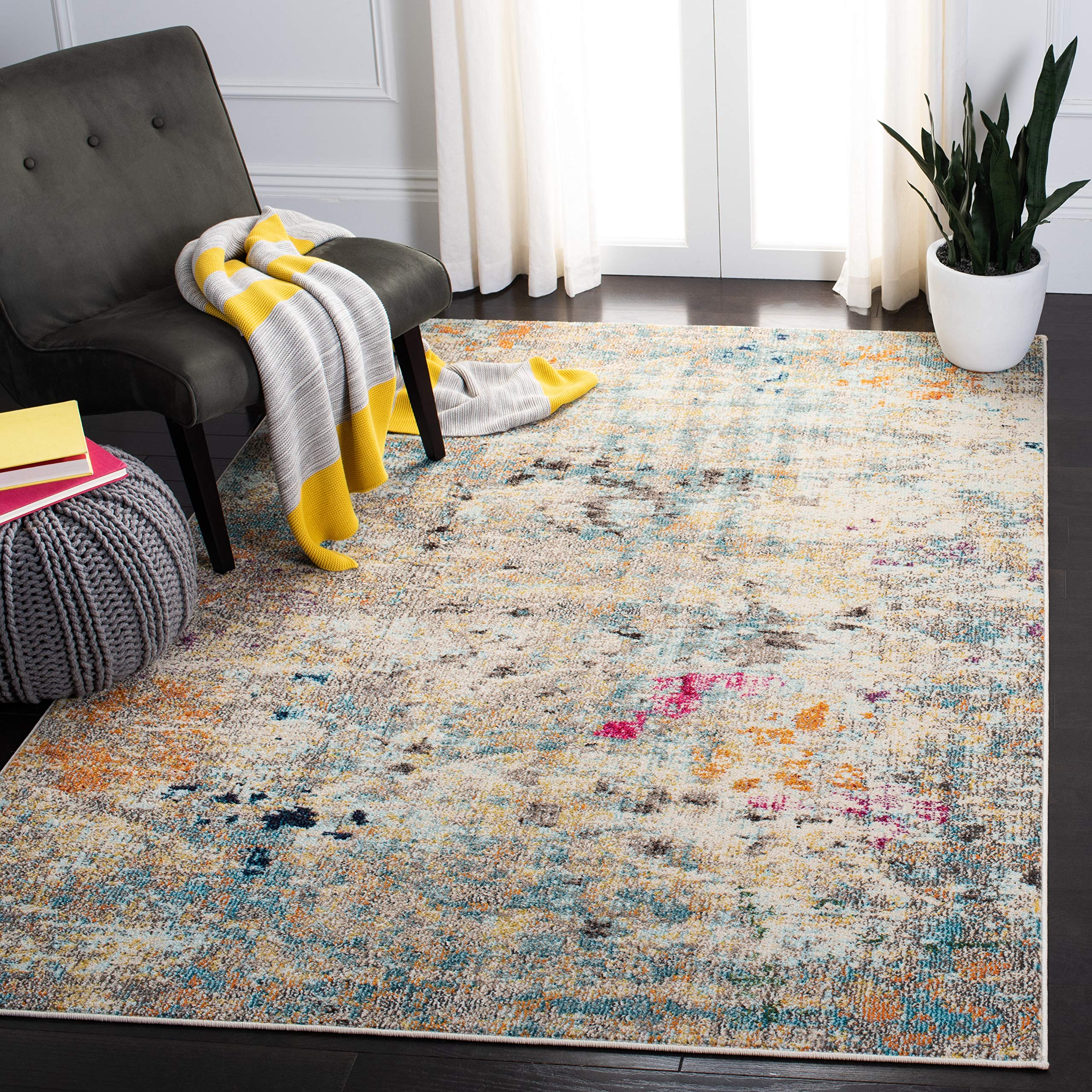 SAFAVIEH Madison Collection 3 Square Grey / Gold MAD425F Boho Abstract Distressed Non-Shedding Living Room Bedroom Accent Rug