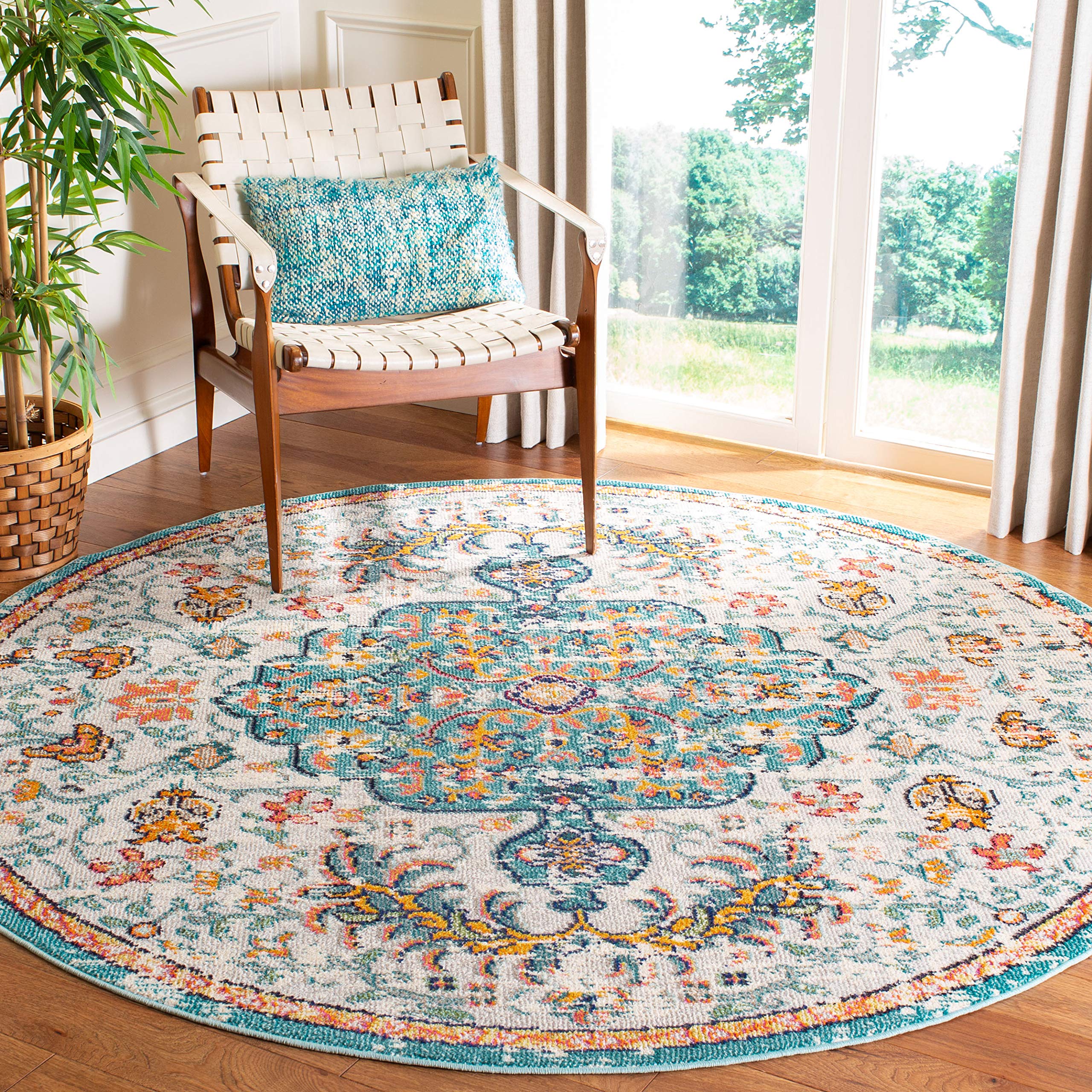 SAFAVIEH Madison Collection 9 Round Grey/Light Blue MAD447F Boho Chic Medallion Distressed Non-Shedding Dining Room Entryway Fo