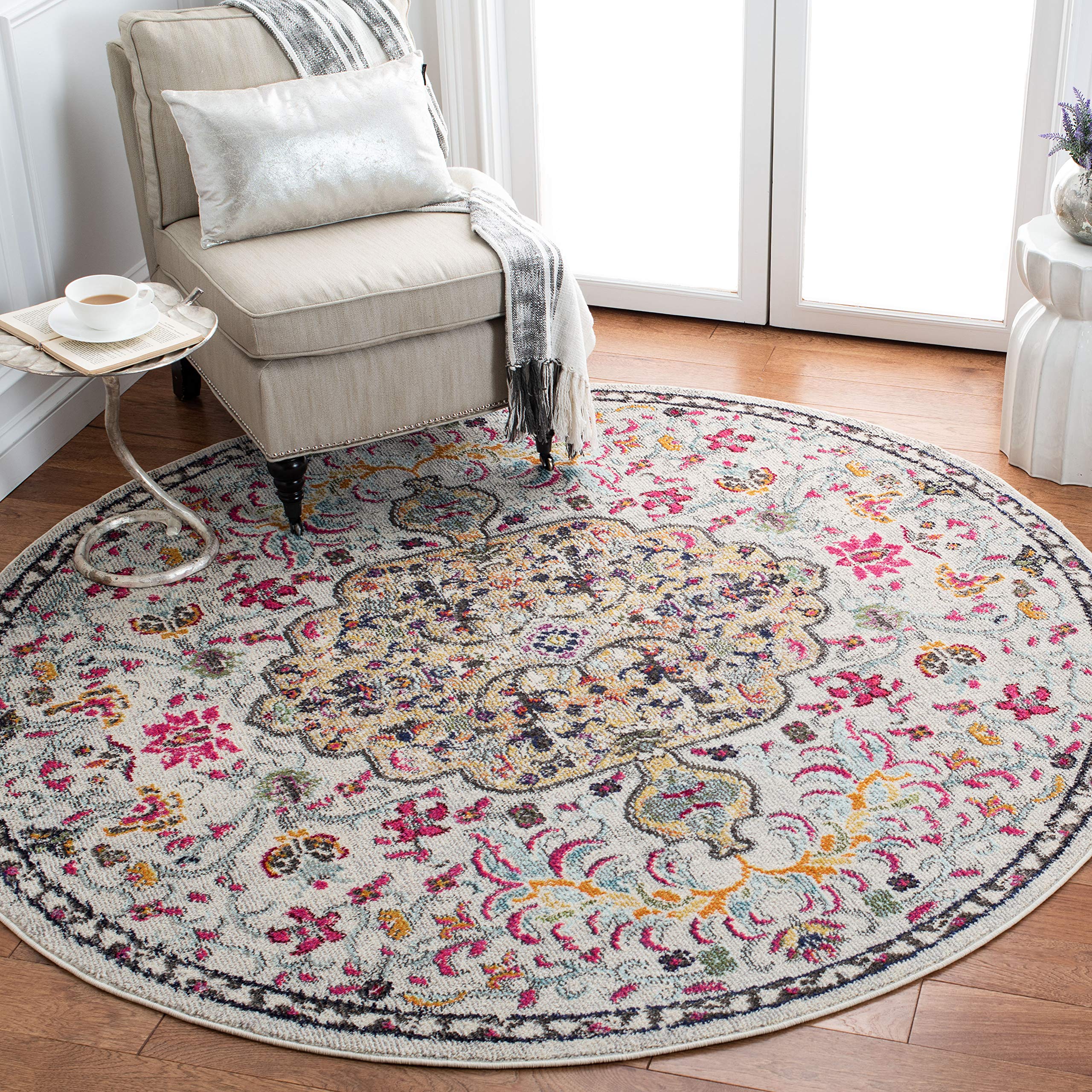 SAFAVIEH Madison Collection Area Rug - 11 Round, Grey & Gold, Boho Chic Medallion Distressed Design, Non-Shedding & Easy Care, 