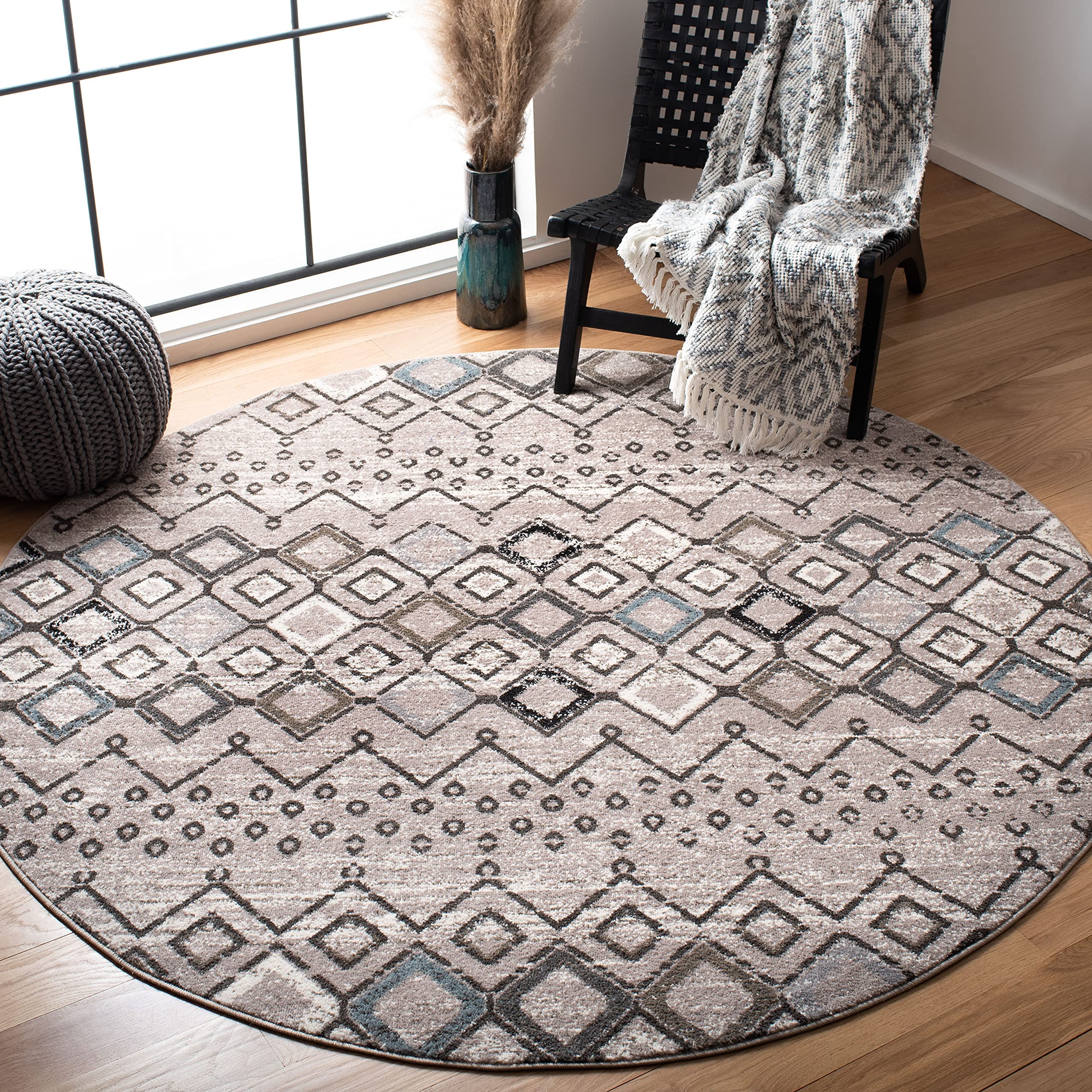 SAFAVIEH Amsterdam Collection 11 Round Light Grey / Brown AMS108F Moroccan Boho Non-Shedding Dining Room Entryway Foyer Living 