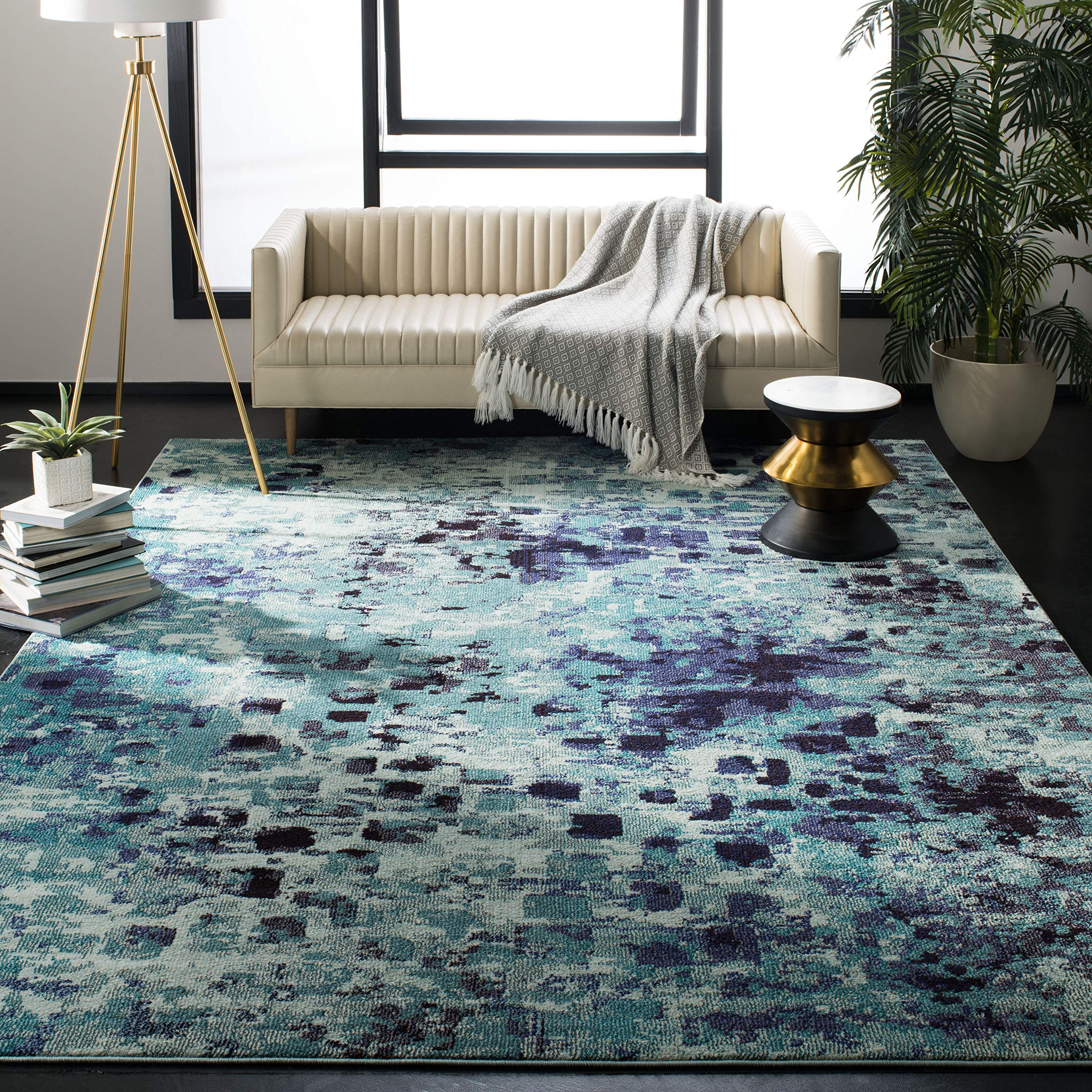 SAFAVIEH Monaco Collection 9 x 12 Light BlueMulti MNC225J Boho Chic Abstract Watercolor Non-Shedding Living Room Bedroom Dinin