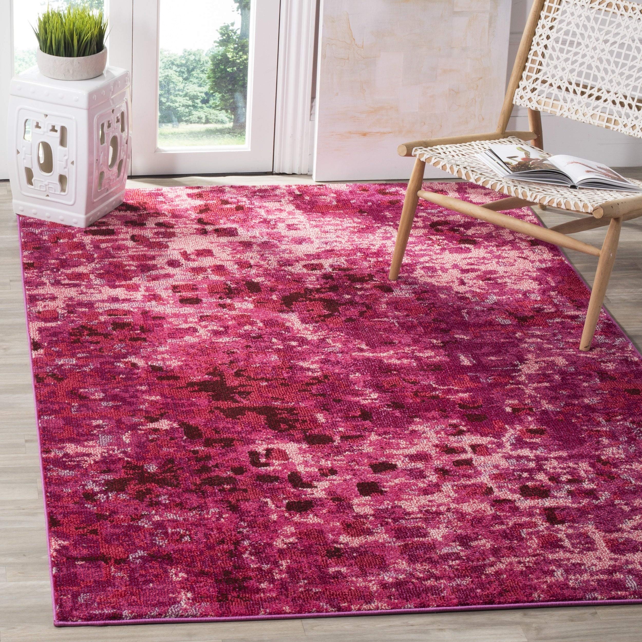 SAFAVIEH Monaco Collection 67 Square Fuchsia MNC225F Boho Chic Abstract Watercolor Non-Shedding Living Room Bedroom Dining Home