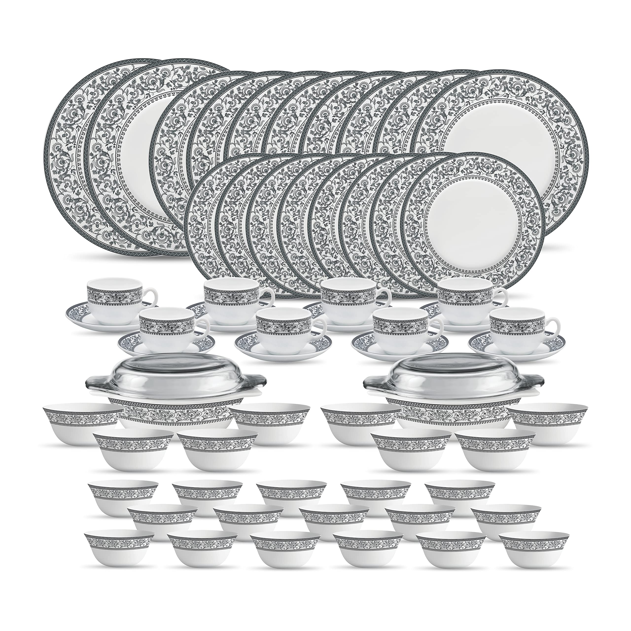 La Opala, Sovrana Collection, Opal Glass Traditional Dinner Set 62 Pcs, Persian Grey, White