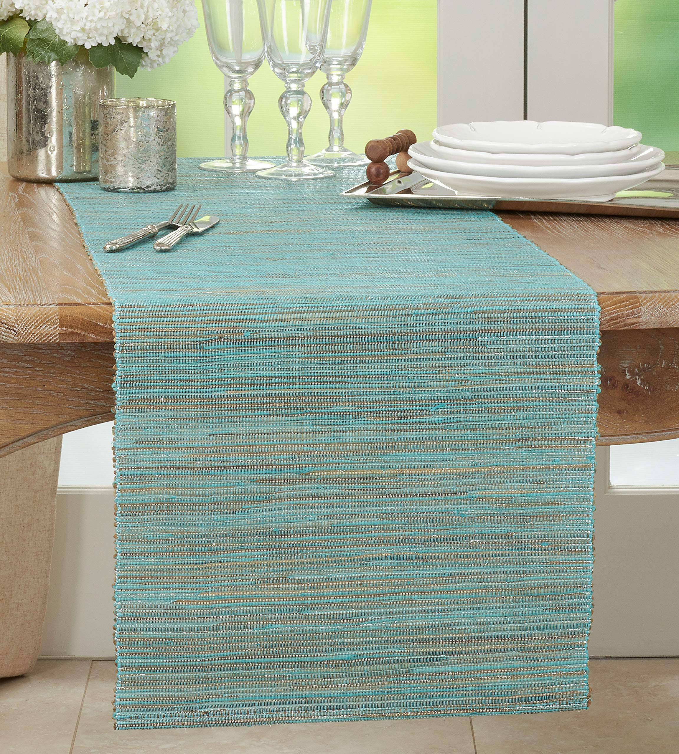 Saro Lifestyle 217Tq1490B Melaya Collection Shimmering Woven Nubby Water Hyacinth Table Runner, 14 X 90, Turquoise