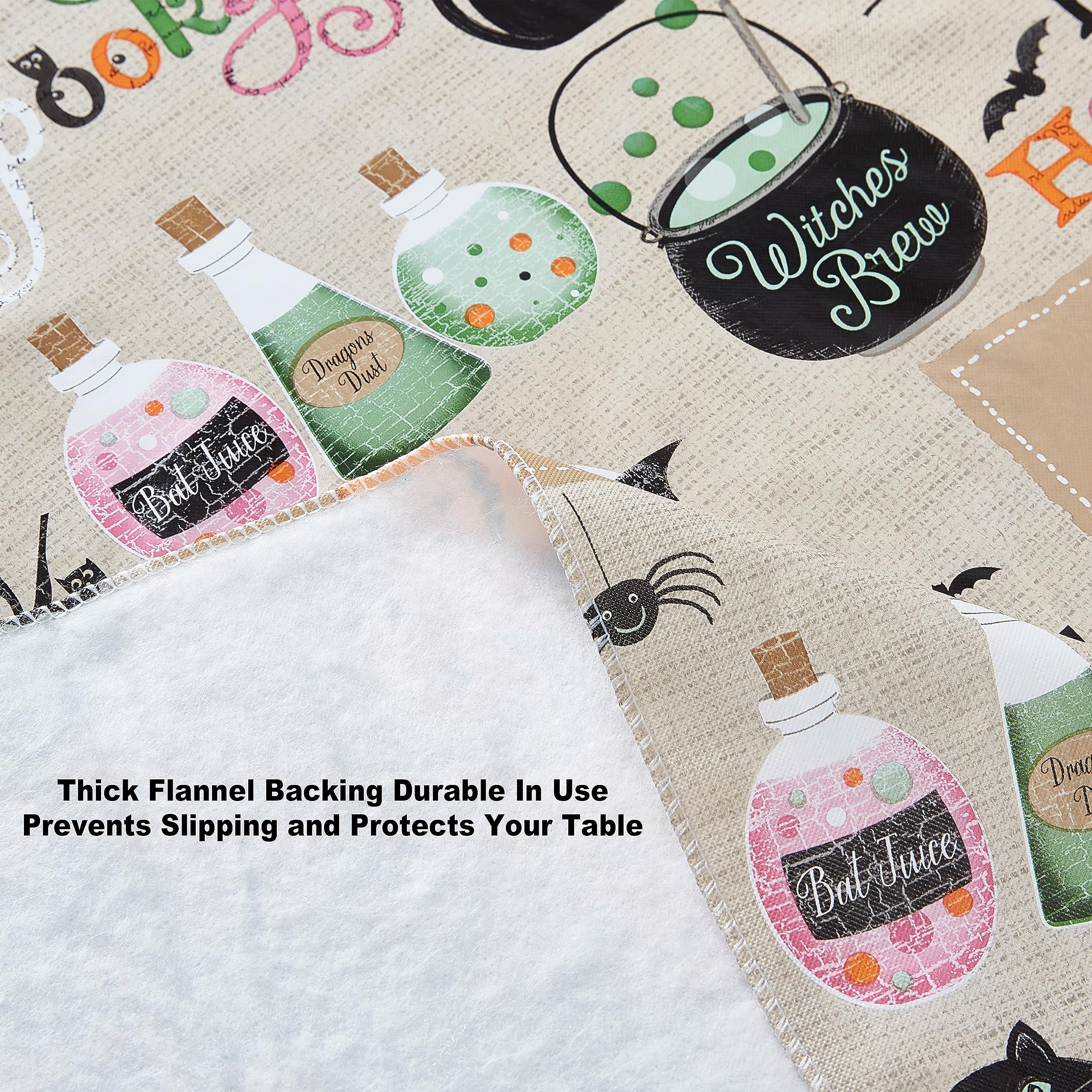 Newbridge Happy Halloween Witches Brew 52 X 70 Inch Rectangle Vinyl Tablecloth With Flannel Backing, Witch Spells, Ghosts, Bats