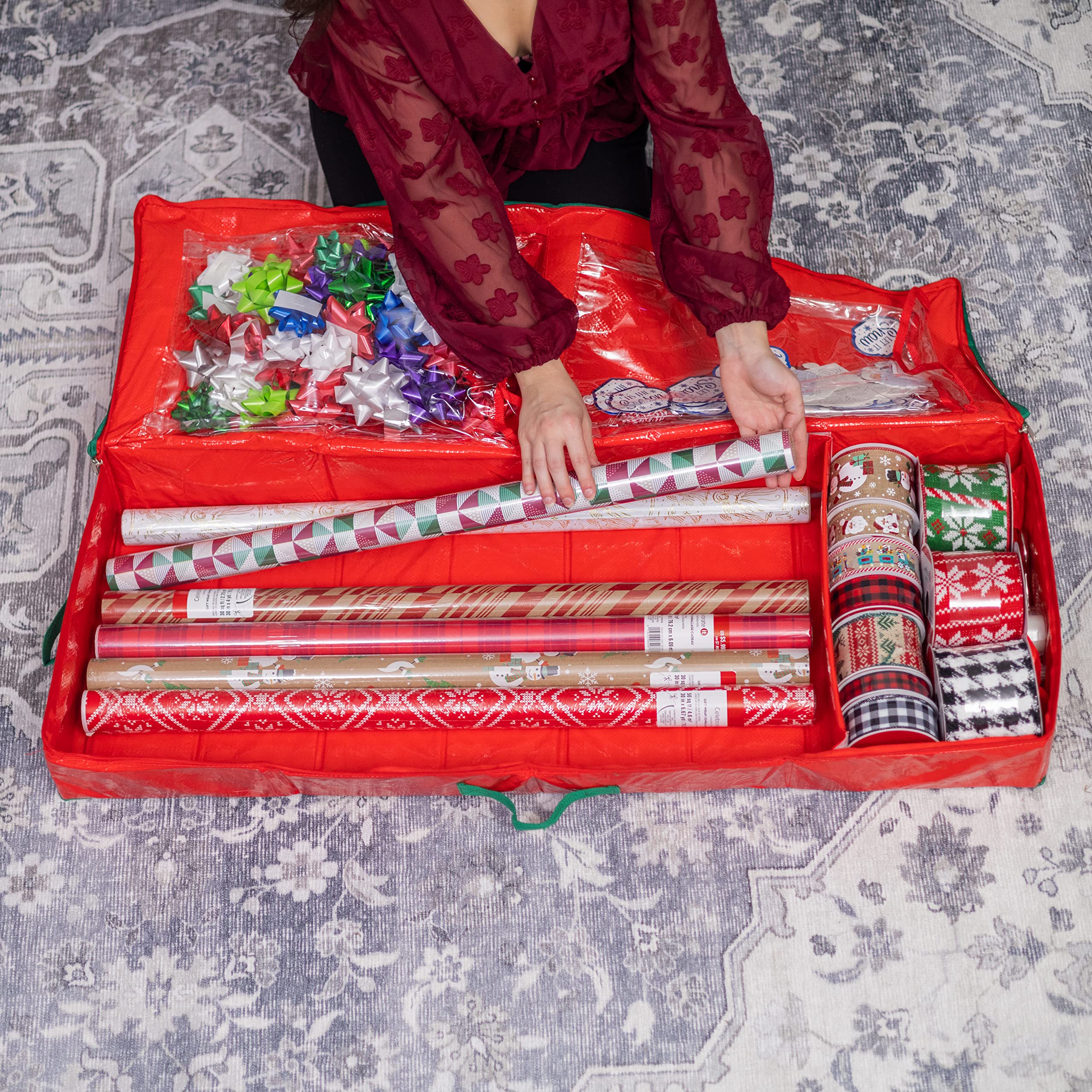 Handy Laundry Gift Wrap Storage Organizer, Red, 40” x 14” x 6”, Holds 18-24 Rolls, Durable Tarp Material, Perfect for Holiday Supplies