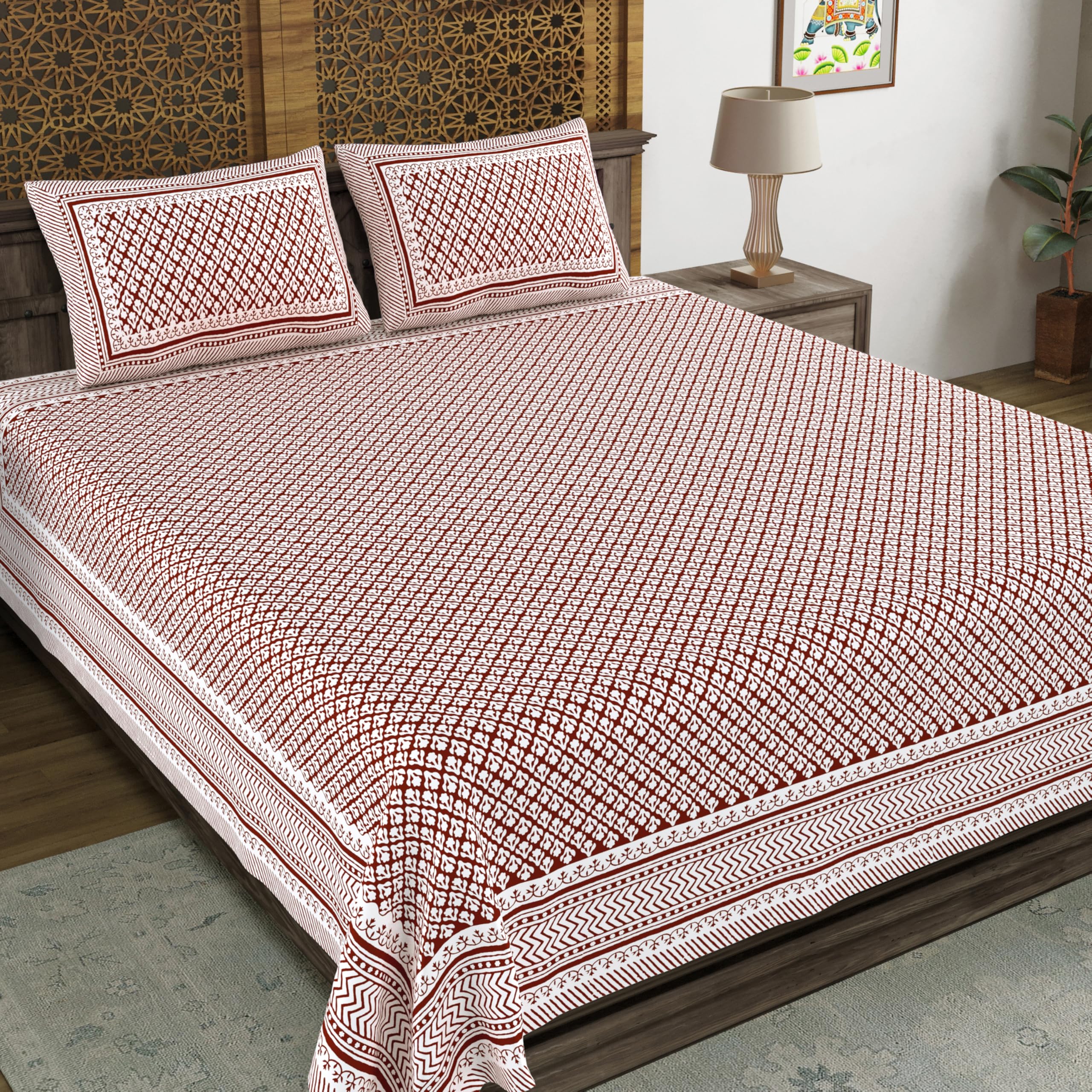 Blocks Of India Hand Block Printed 200 Tc Cotton Super King Size Bedsheet (Red Gad Buti)