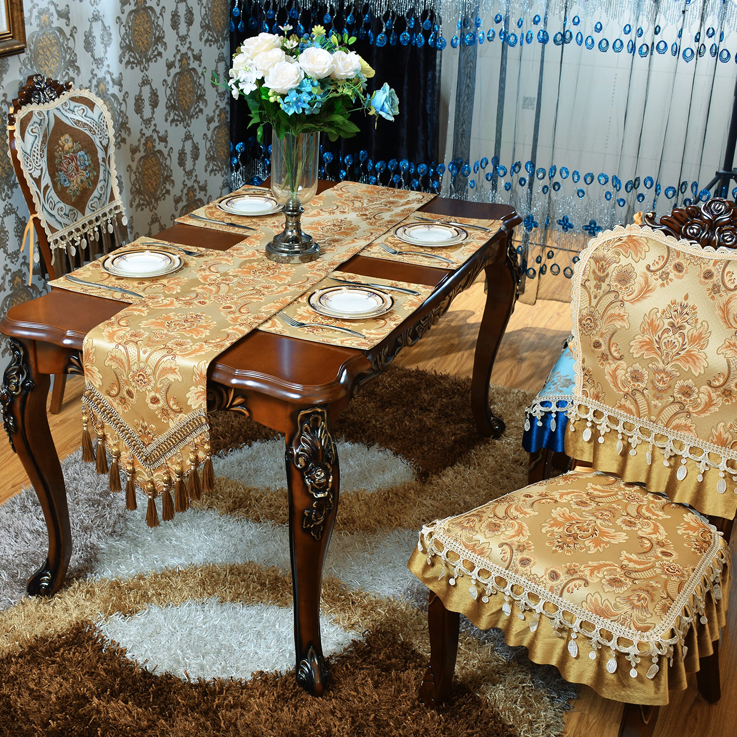 Nysmxf Gold Table Runner Luxury Thick Lined Damask Christmas Holiday Lace Beaded Cloth Runners (Gold, 6 Piece 13  18 Placements)
