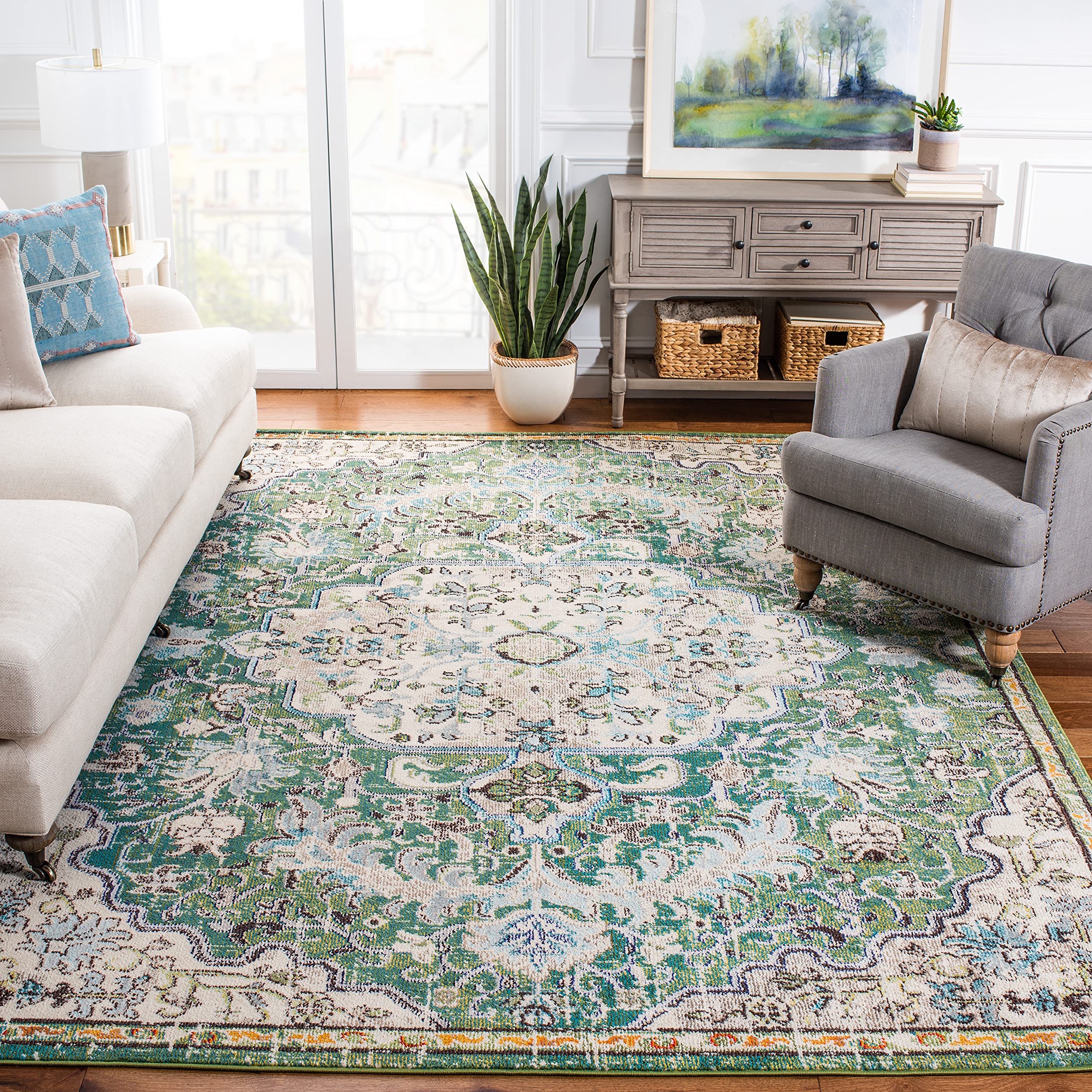 SAFAVIEH Madison Collection - 8 Square Rug, Green & Turquoise, Transitional Design, Slip Resistant & Stain Resistant, Ideal for