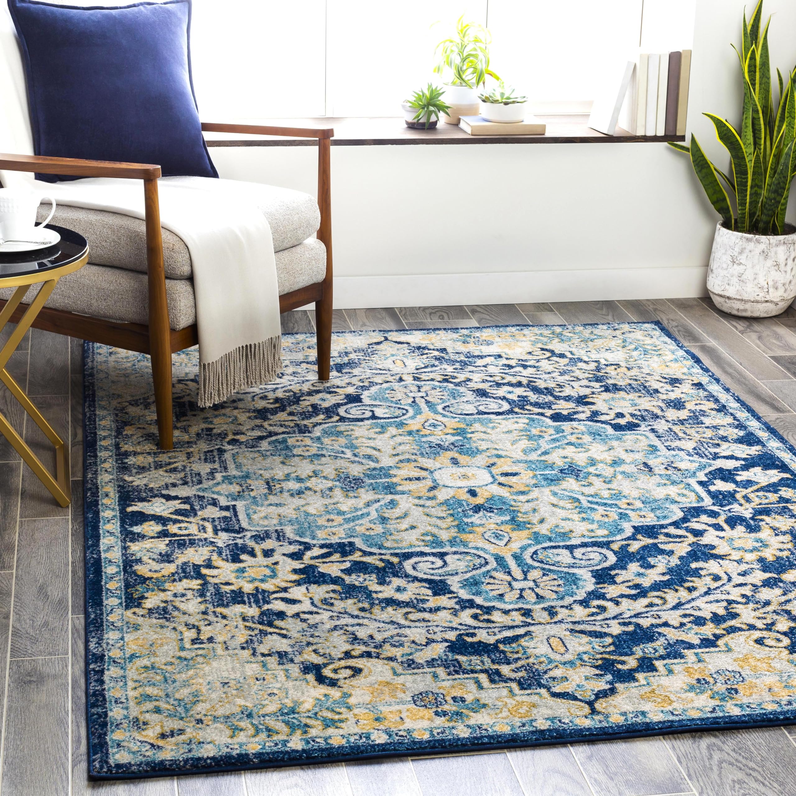Livabliss Area Rugs - 8x10 Odelia Vintage Boho Blue Aqua Slate Area Rug for Living Room Bedroom - Floral Medallion Stain Resista