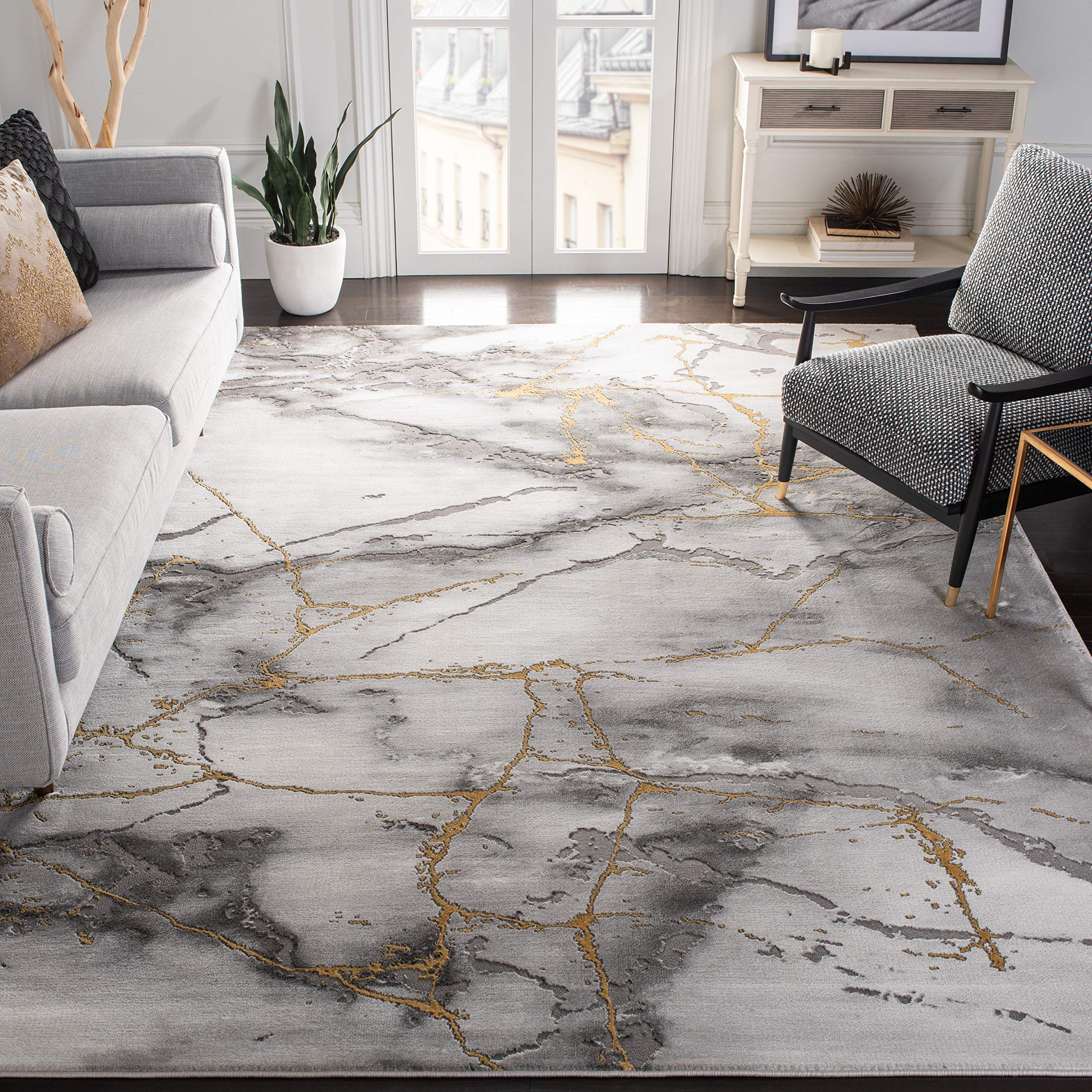 SAFAVIEH Craft Collection Area Rug - 11 Square, Grey & Gold, Modern Abstract Design, Non-Shedding & Easy Care, Ideal for High T