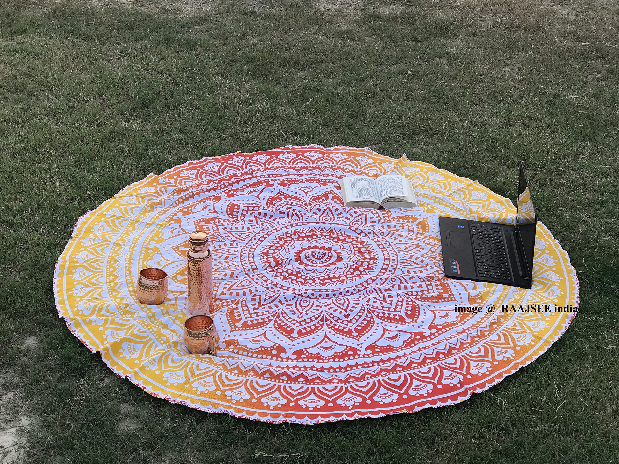 Rraajsee Orange Ombre Round Beach Tapestry Hippie/Boho Beach Blanket Roundie/Indian Cotton Throw Bohemian Round Table Cloth/Yoga Mat Meditation Picnic Rugs 69 inch Circle