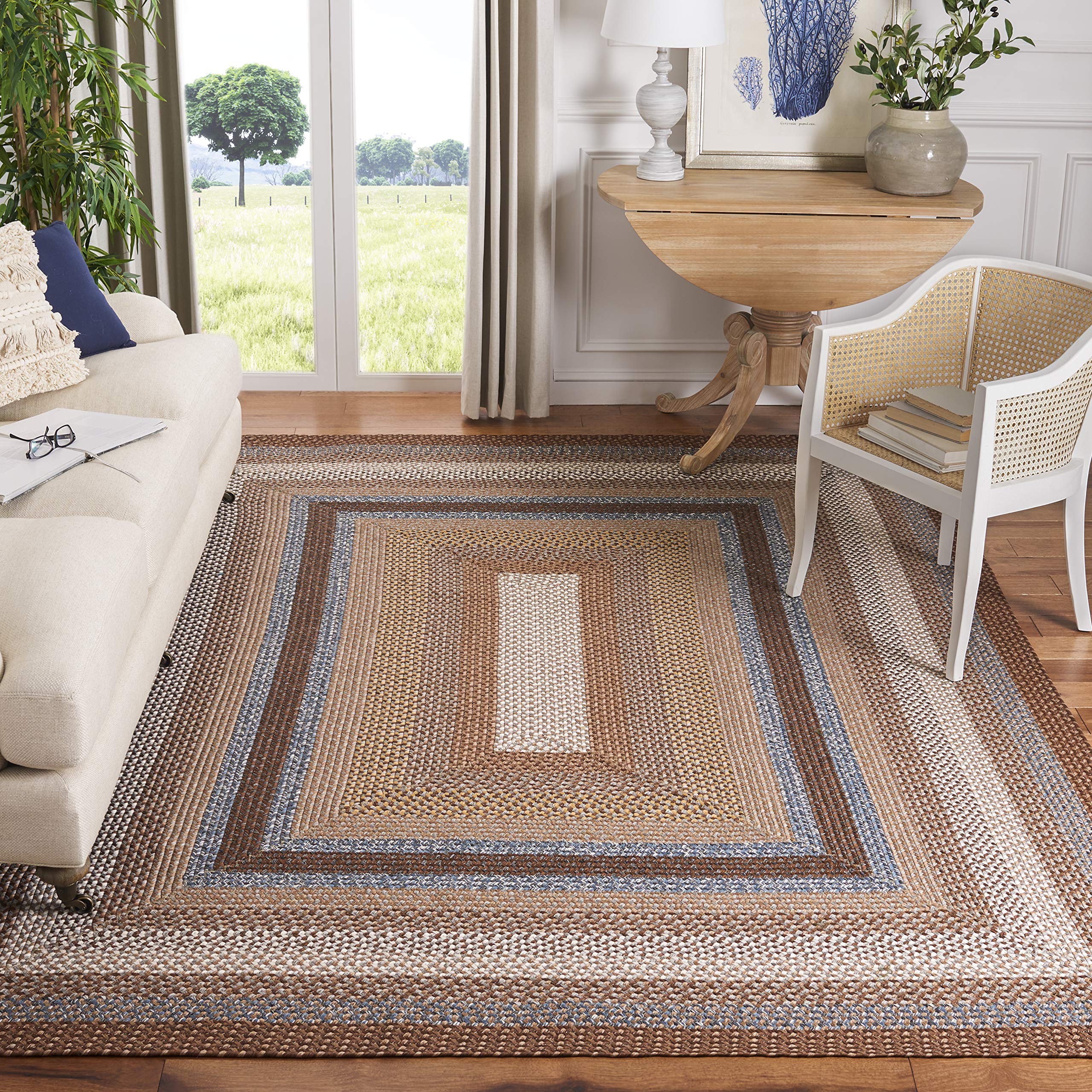 SAFAVIEH Braided Collection Area Rug - 7 Square, Brown & Multi, Handmade, Indoor/Outdoor & Washable, Ideal for Patio, Backyard,