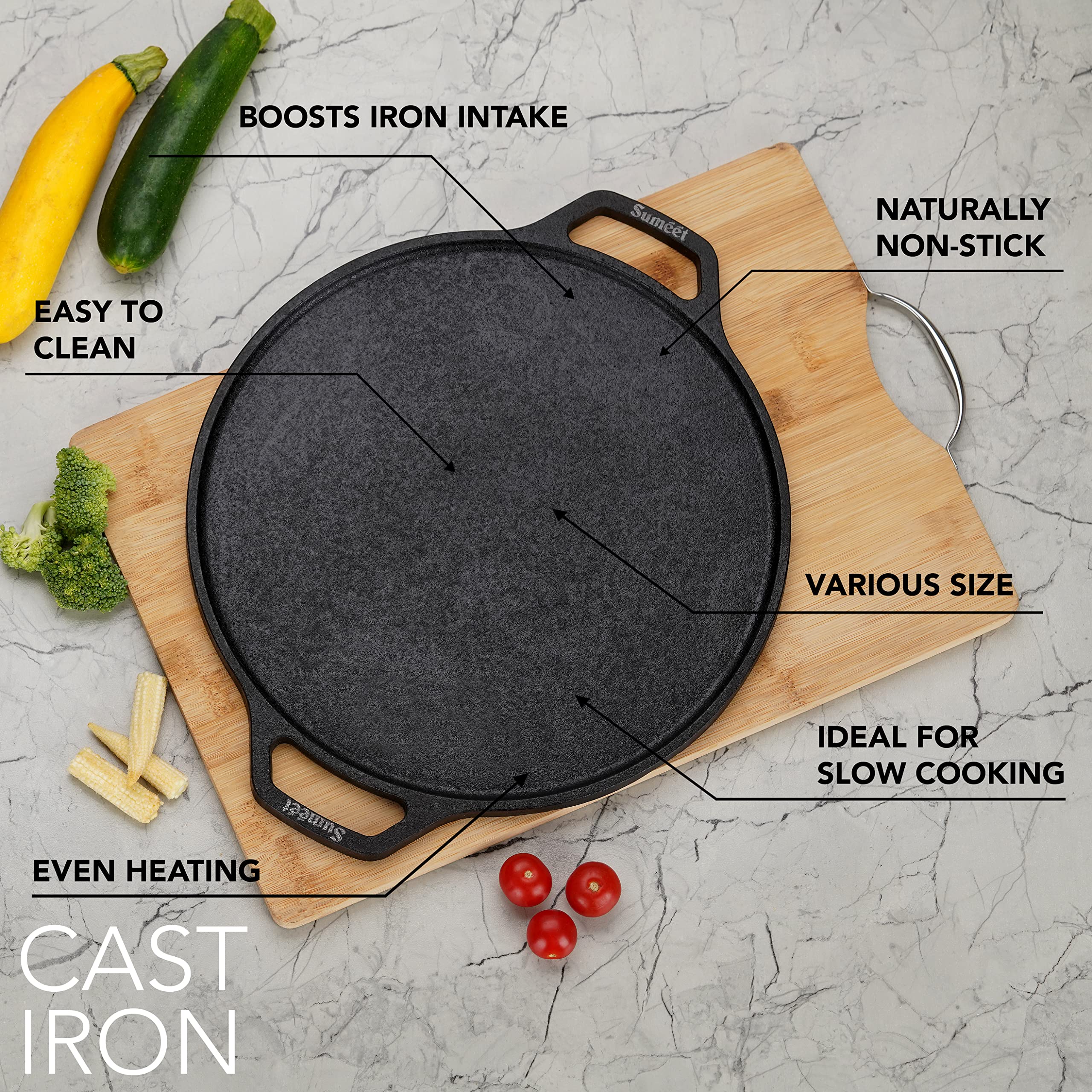 Sumeet Pre Seasoned Heavy Weight Cast Iron Flat Dosa Tawa,Induction Friendly, 30Cm, Weight - 3.070Kg, Black