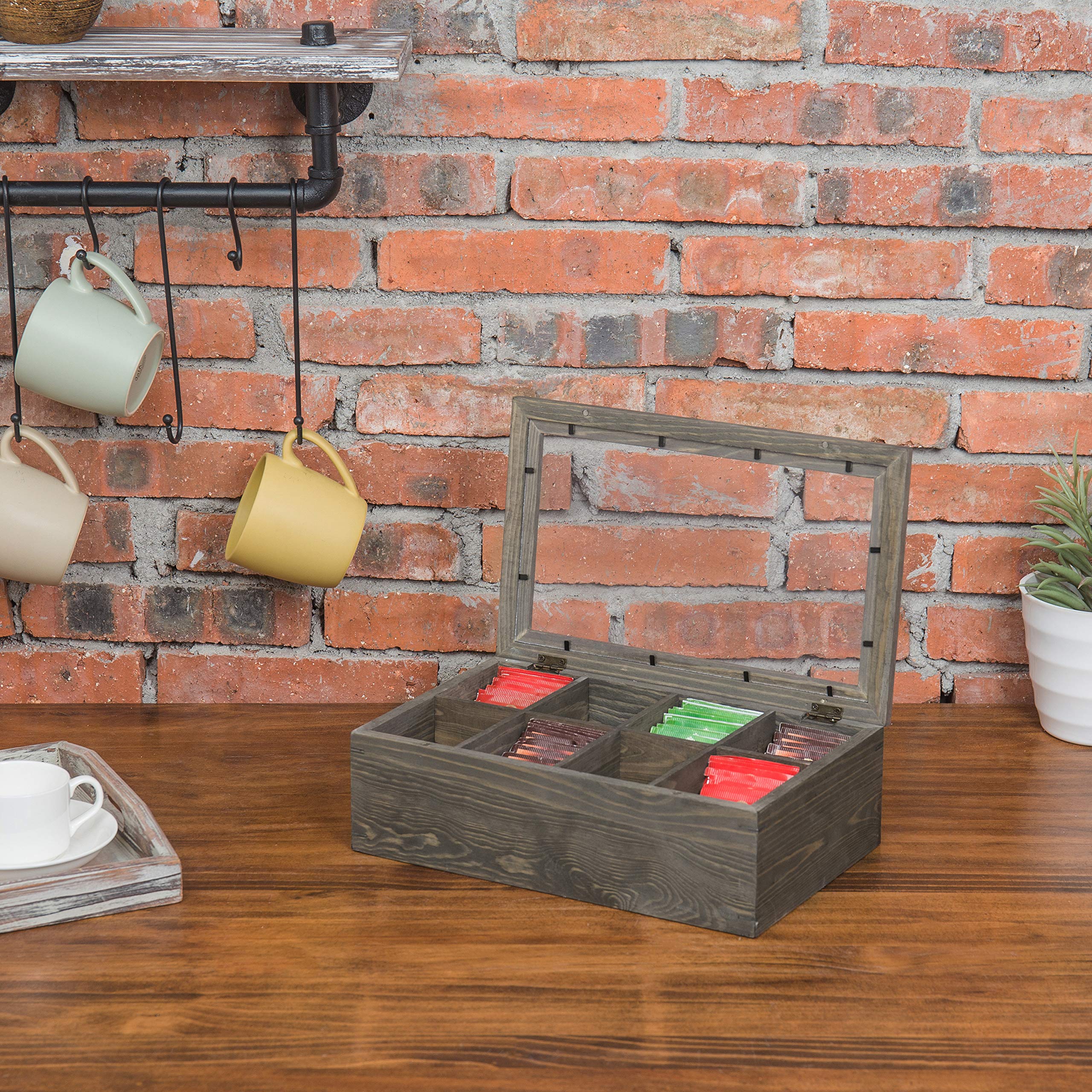 Mygift Vintage Gray Wood Tea Bag Holder Storage Box With 8 Compartments And Clear Lid