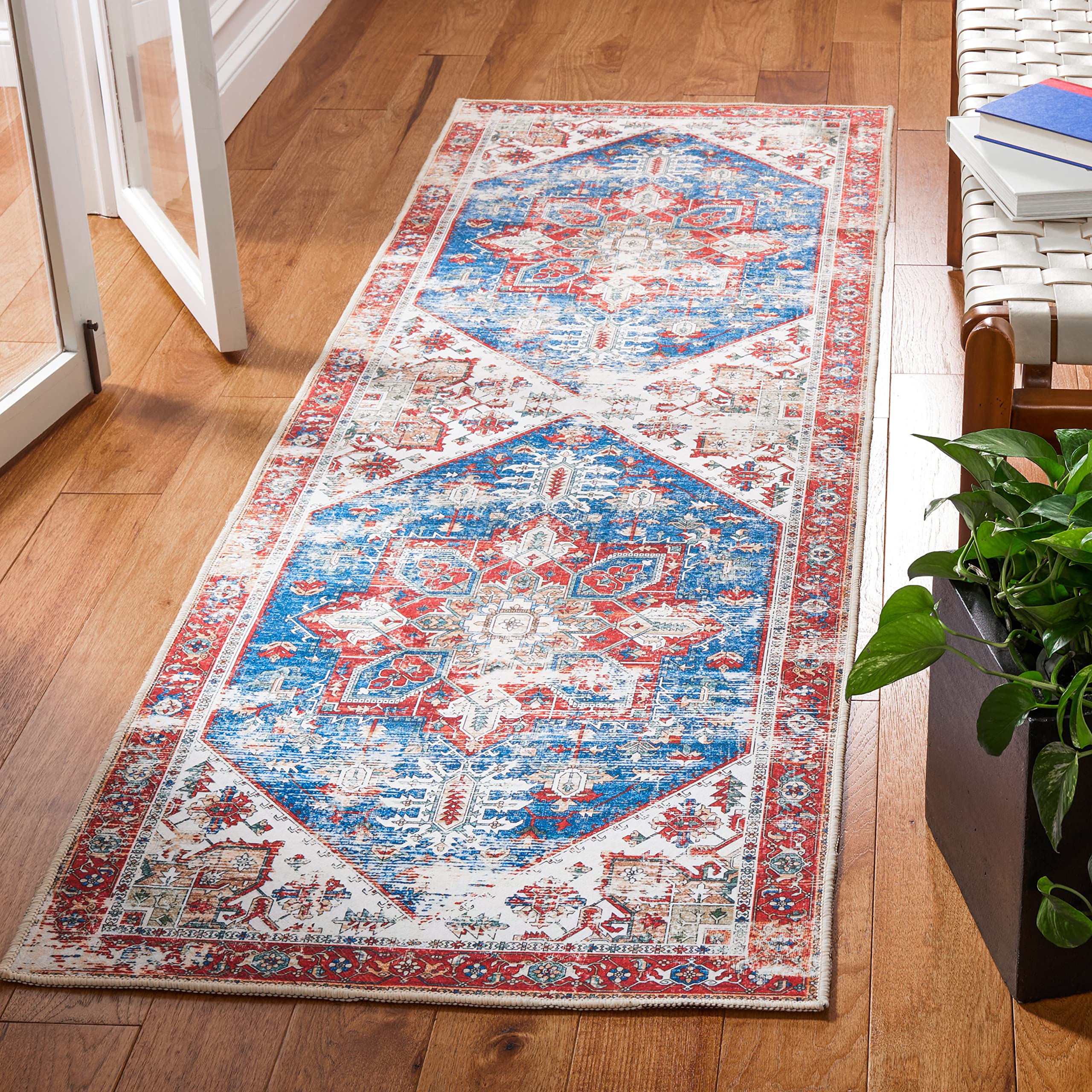 SAFAVIEH Washable Rug Tucson Collection - 26 x 8 Runner, Blue & Red, Slip Resistant, Ideal for High Traffic Areas in Living R