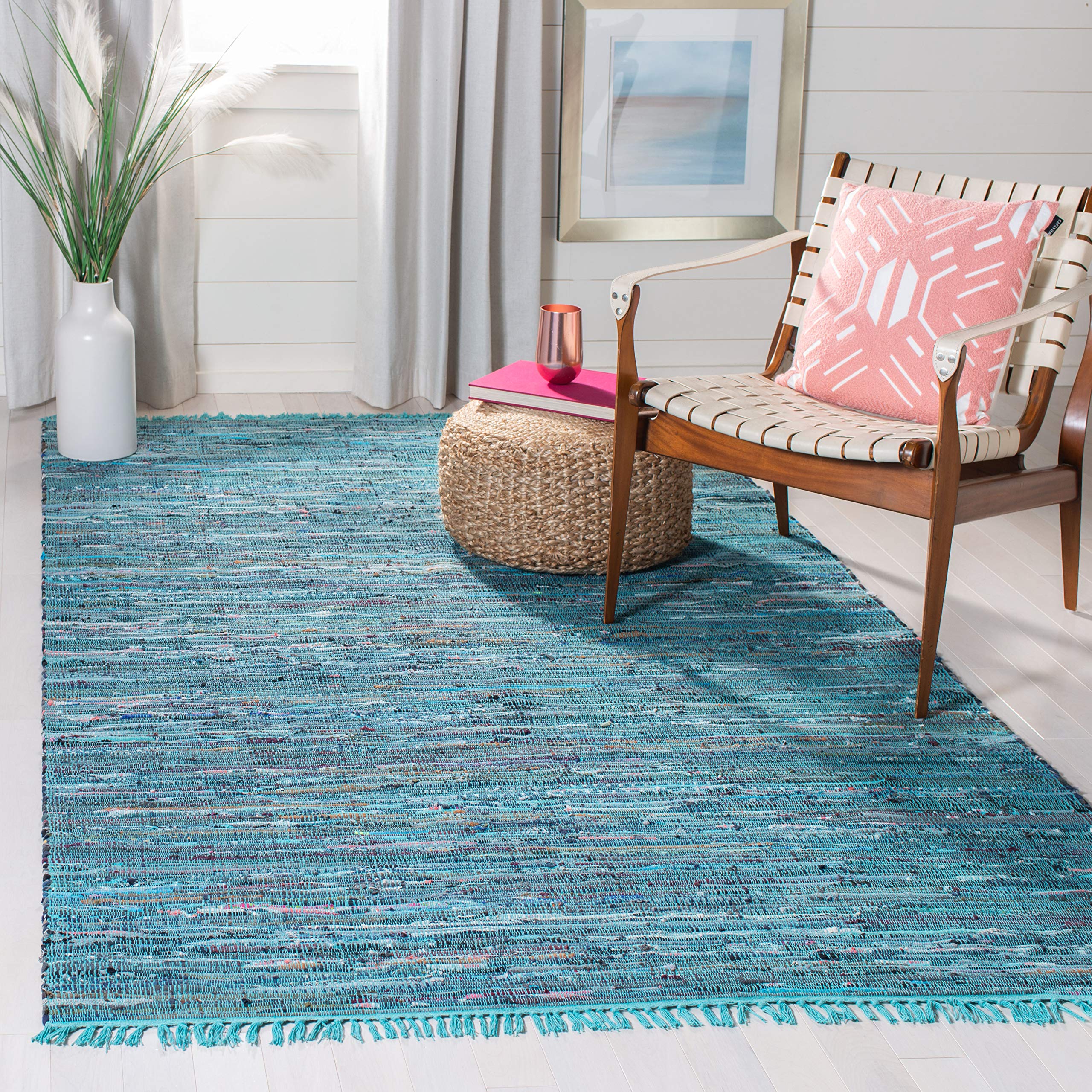 SAFAVIEH Rag Rug Collection Area Rug - 5 x 8, Blue & Multi, Handmade Boho Stripe Cotton, Ideal for High Traffic Areas in Livin