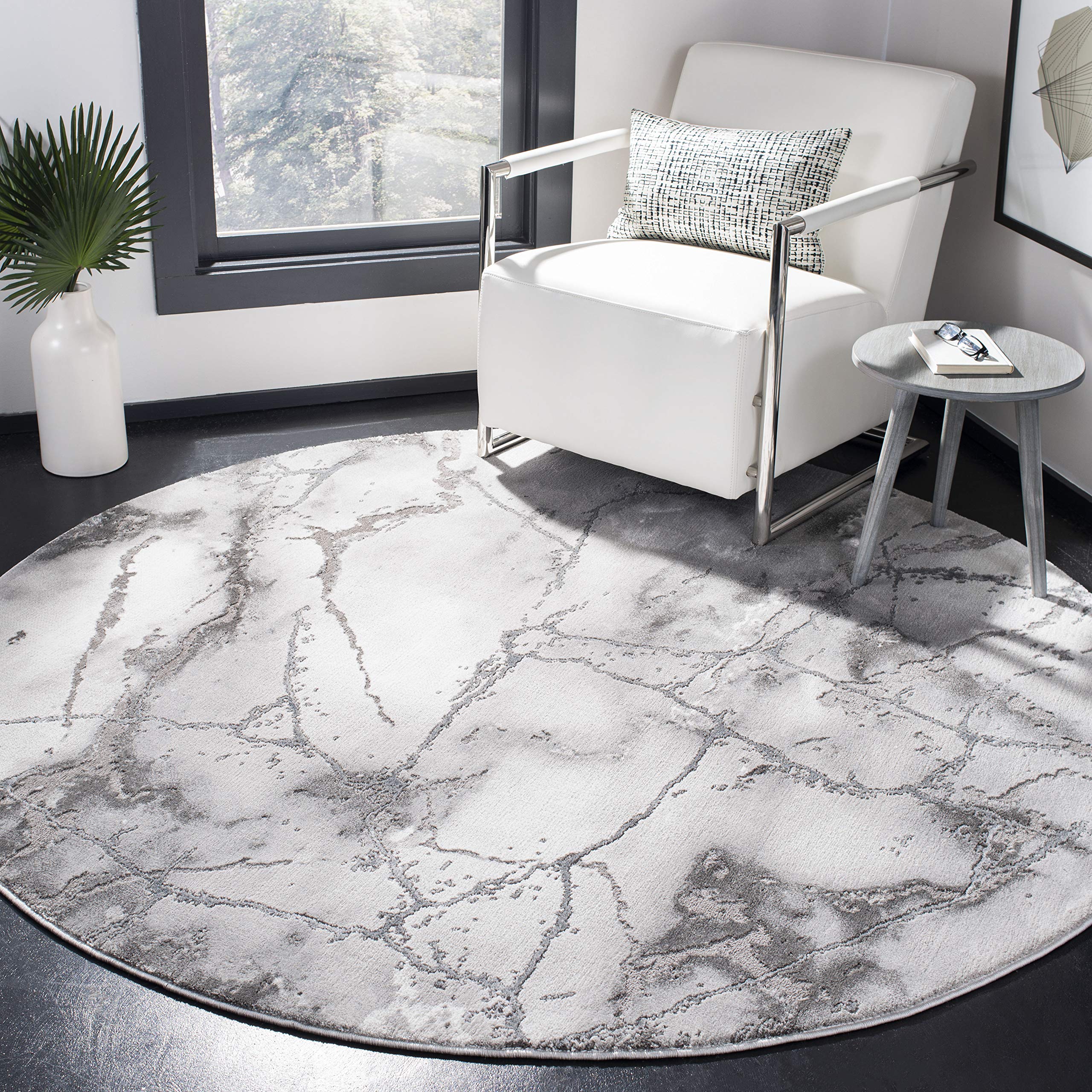 SAFAVIEH Craft Collection Area Rug - 67 Round, Grey & Silver, Modern Abstract Design, Non-Shedding & Easy Care, Ideal for High 