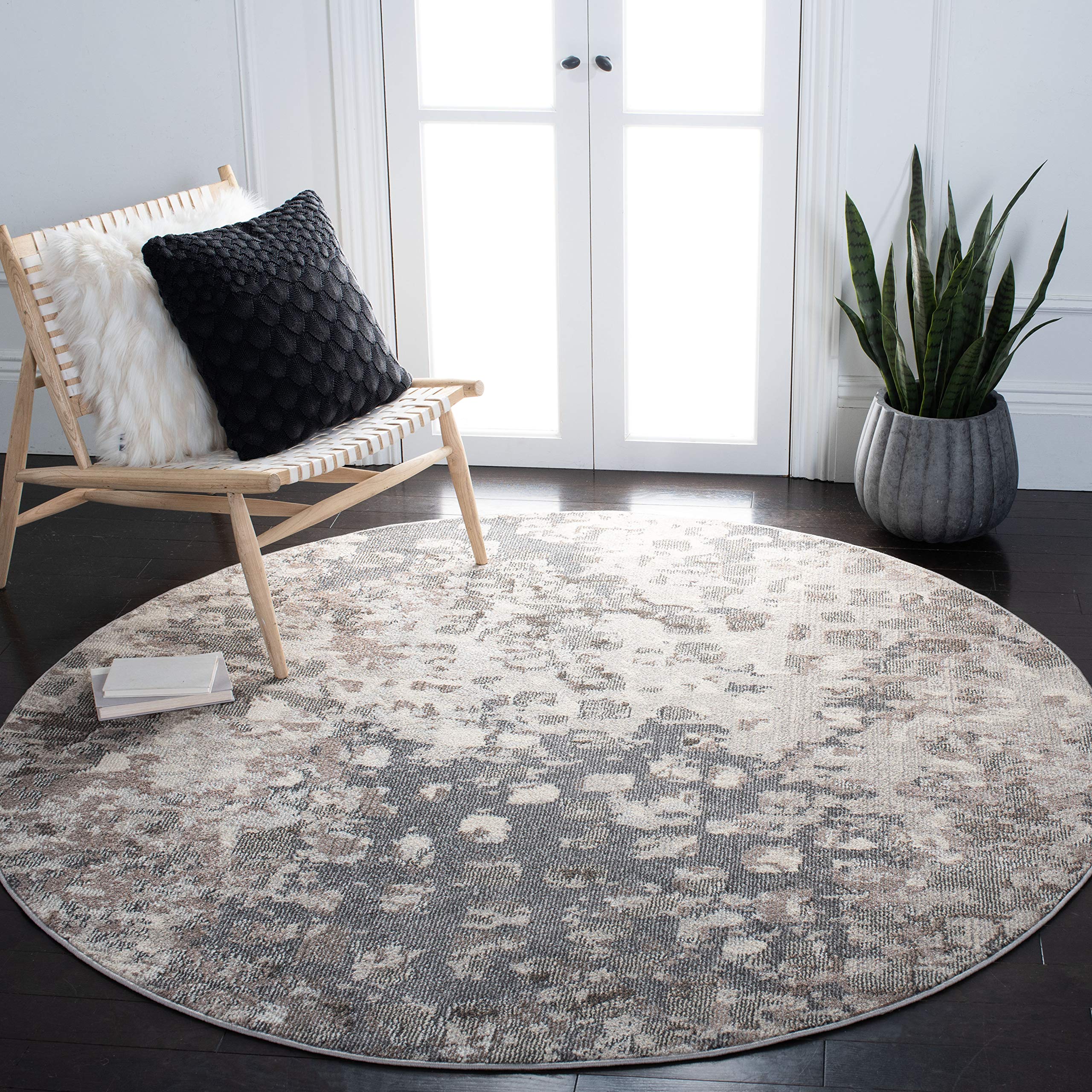 SAFAVIEH Madison Collection 67 Round Grey/Beige MAD425G Boho Abstract Distressed Non-Shedding Dining Room Entryway Foyer Living