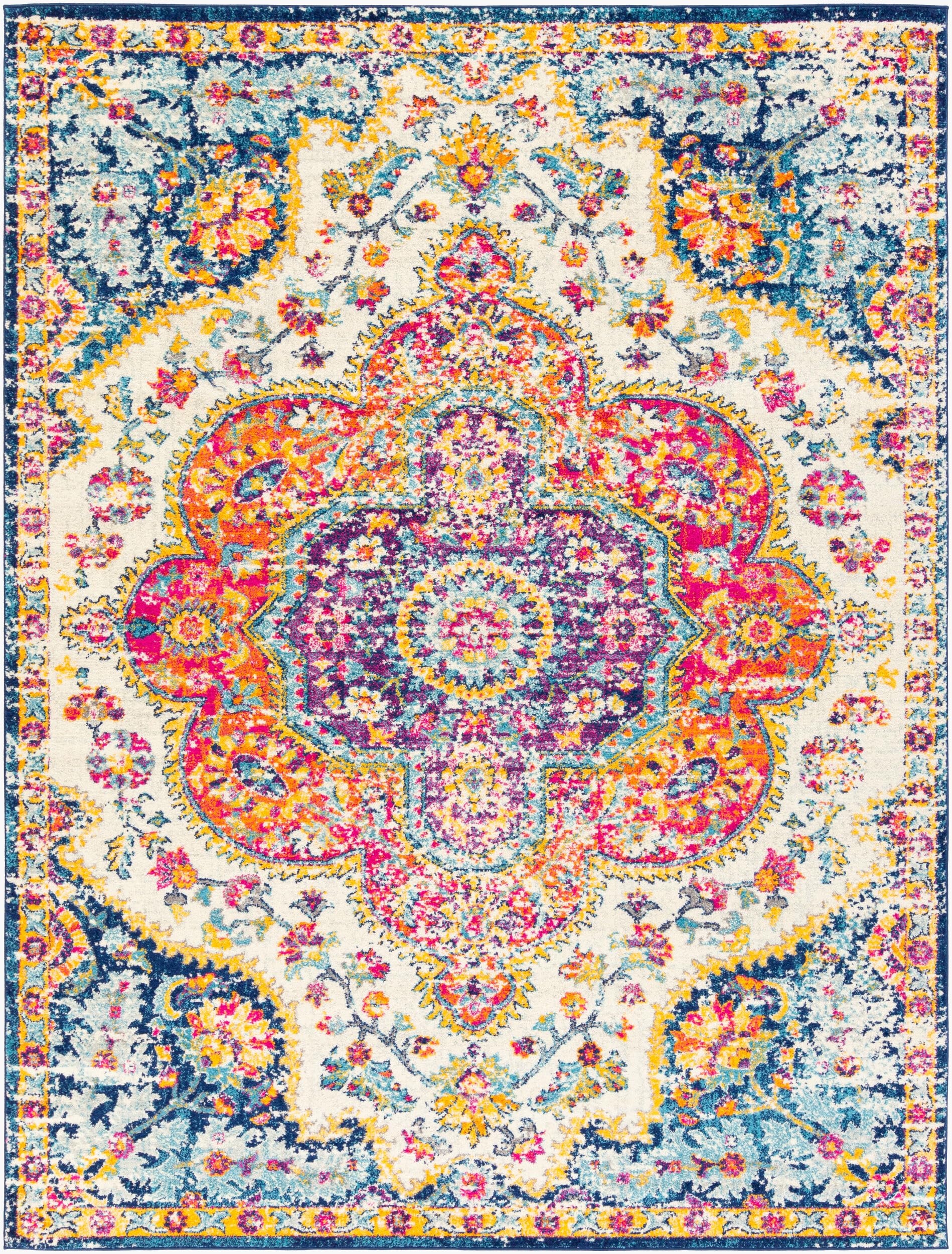 Livabliss Area Rugs - 4x6 Romaine Vintage Boho Fuchsia Mustard Blue Area Rug for Living Room Bedroom - Floral Medallion Stain Re