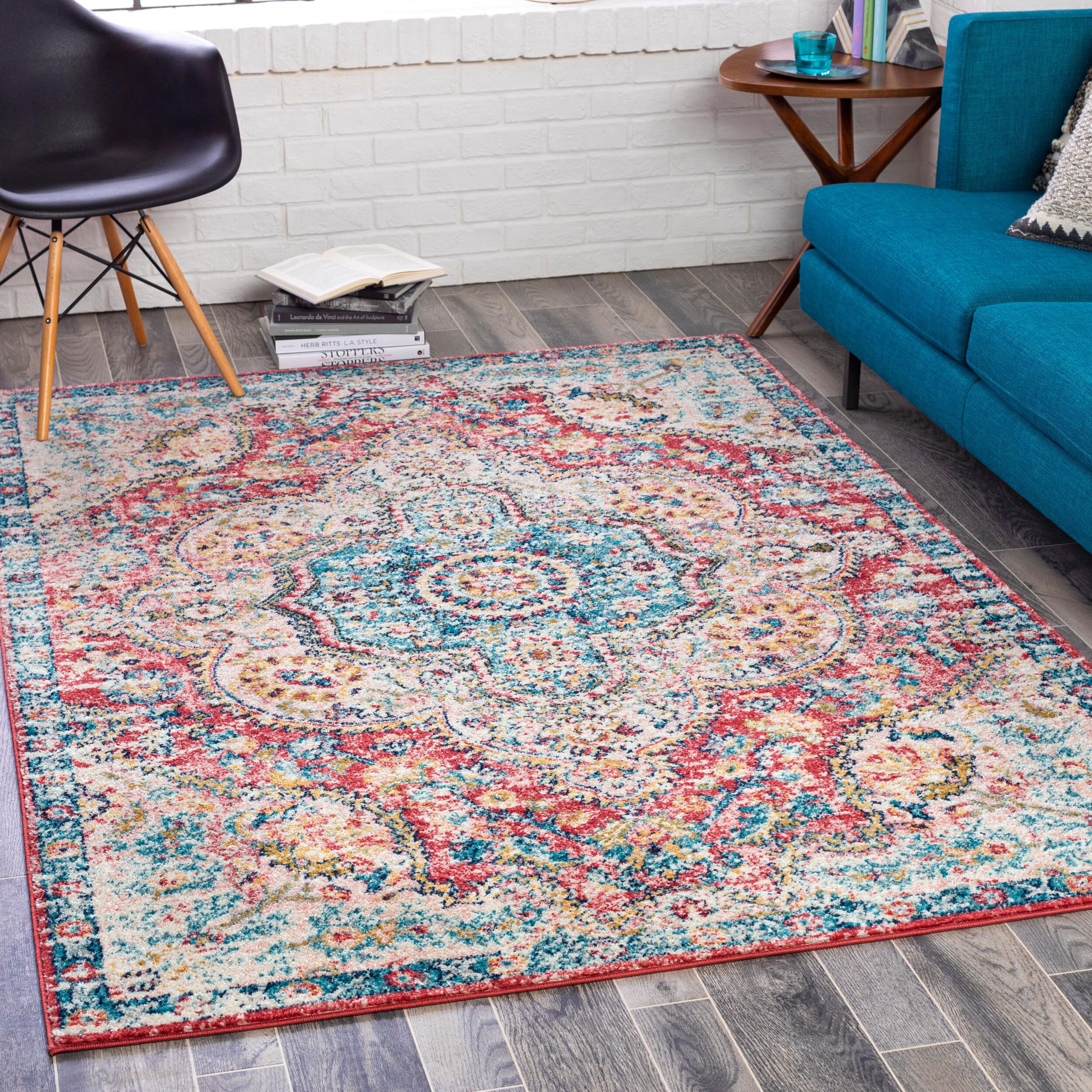 Livabliss Area Rugs - 5x7 Romaine Vintage Boho Rose Navy Sky Blue Area Rug for Living Room Bedroom - Floral Medallion Stain Resi