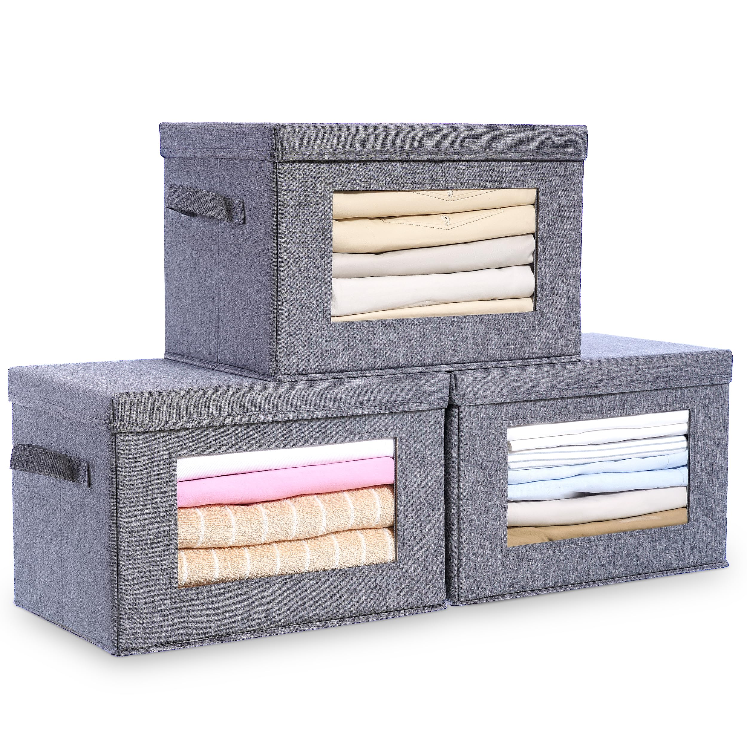 Citylife 3-Pack Collapsible Storage Bins With Lids, Linen Fabric Foldable Storage Boxes, Cube Closet Organization For Clothes, B