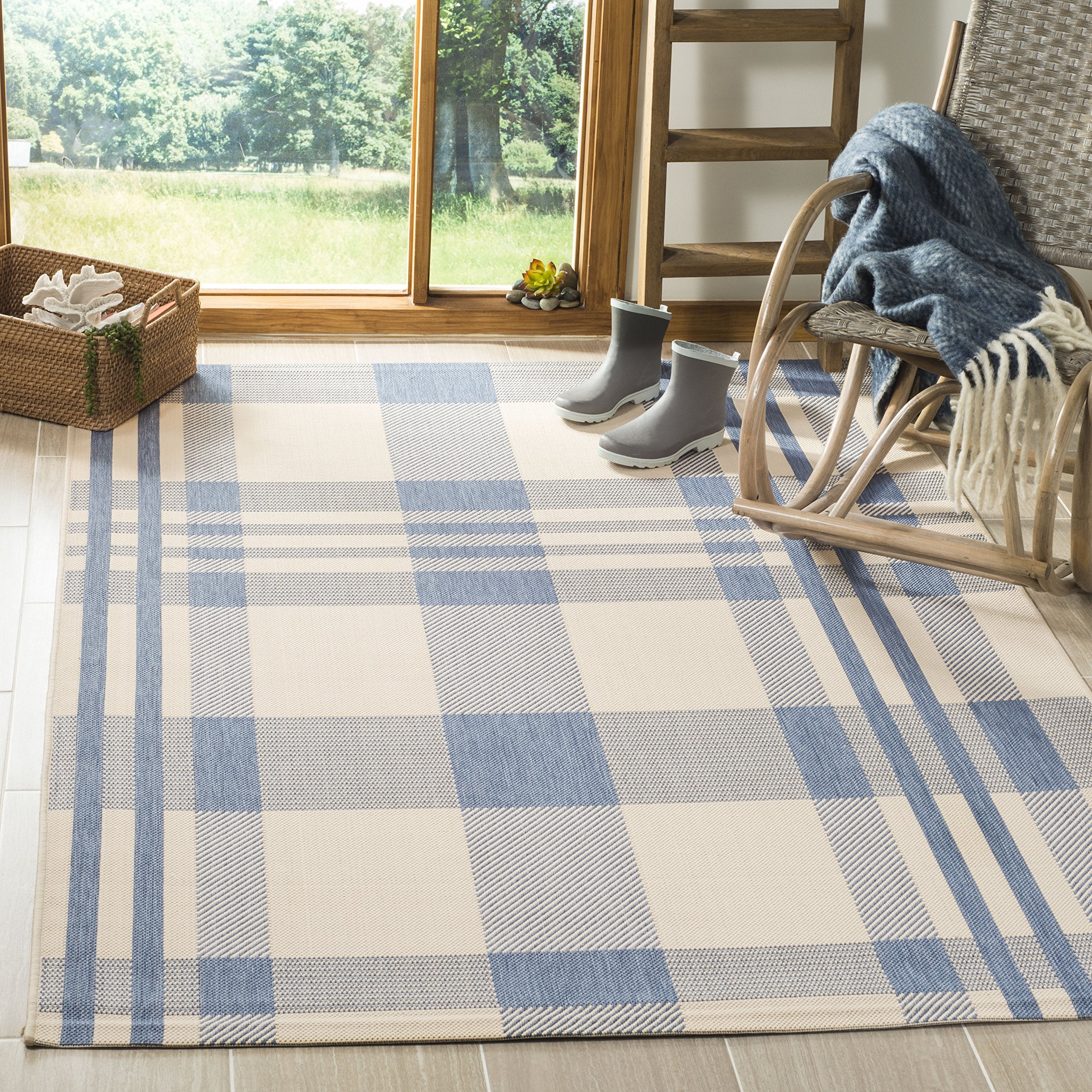 SAFAVIEH Courtyard Collection 8 x 10 Beige/Blue CY6201 Plaid Indoor/ Outdoor Patio Backyard Mudroom Area Rug