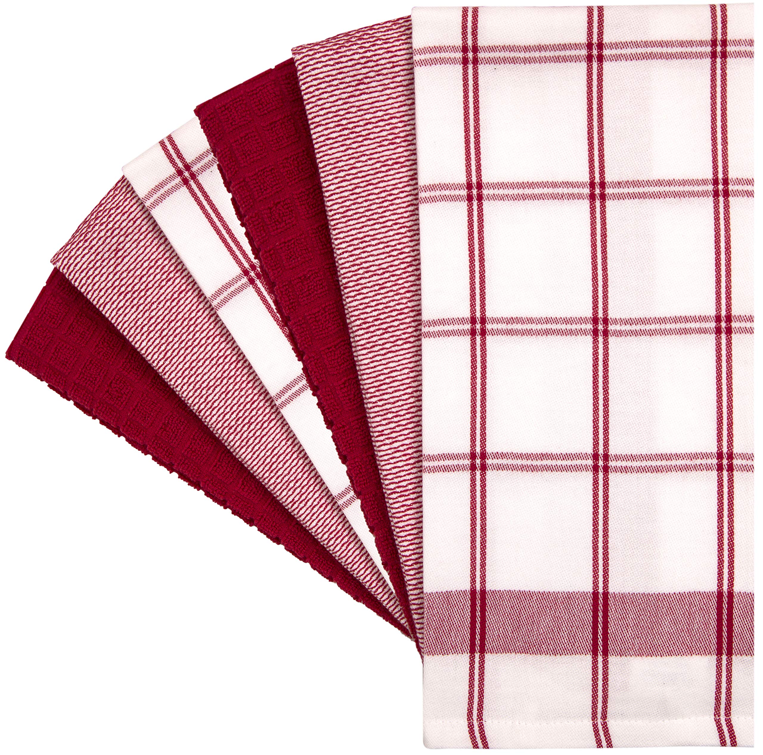 Premium Kitchen Towels (20?x 28?  6 Pack) - Large Cotton Kitchen Hand Towels - Flat & Terry Towel - Highly Absorbent Tea Towels Set with Hanging Loop (Red Check)