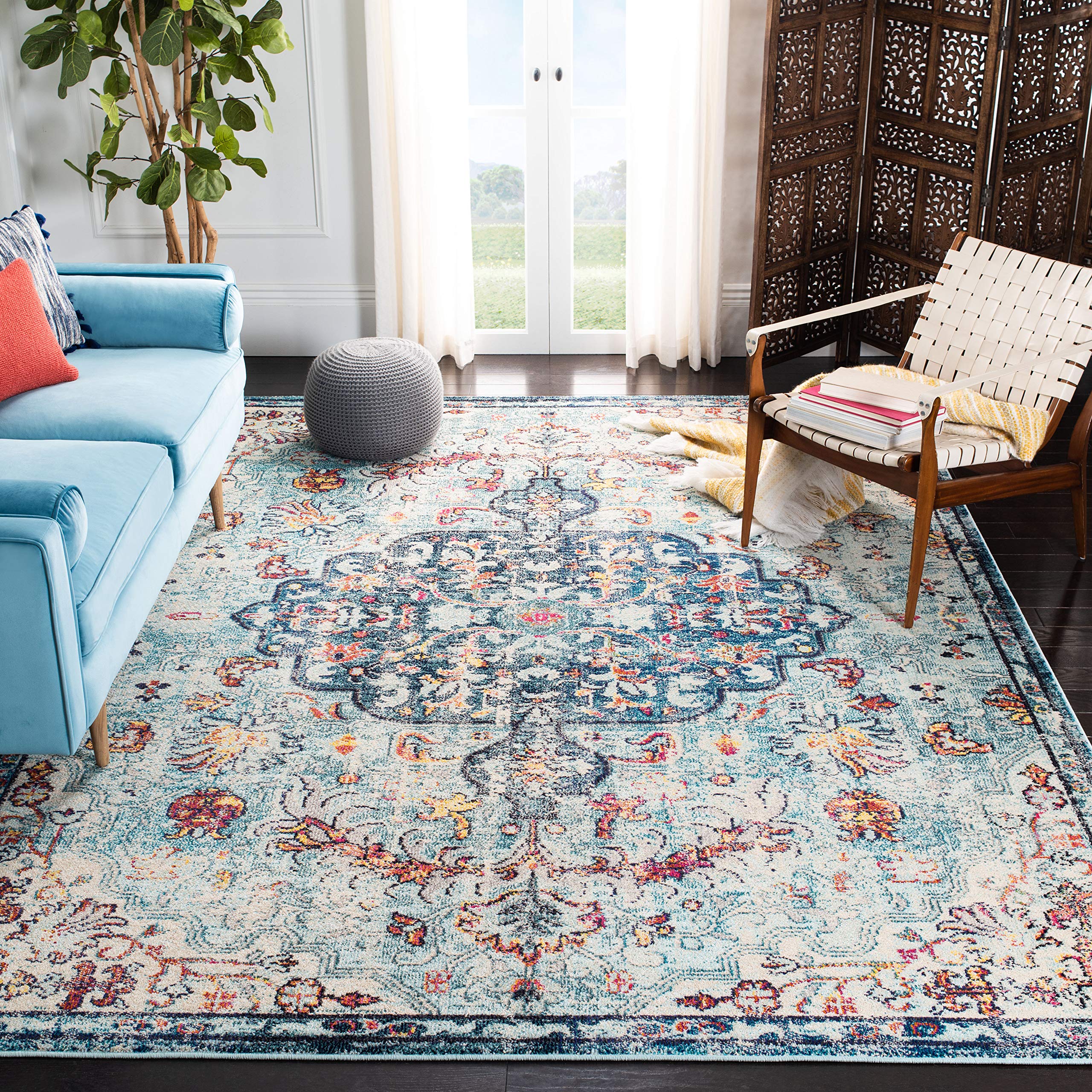 SAFAVIEH Madison Collection 10 Square Navy/Light Blue MAD447K Boho Chic Medallion Distressed Non-Shedding Living Room Bedroom D