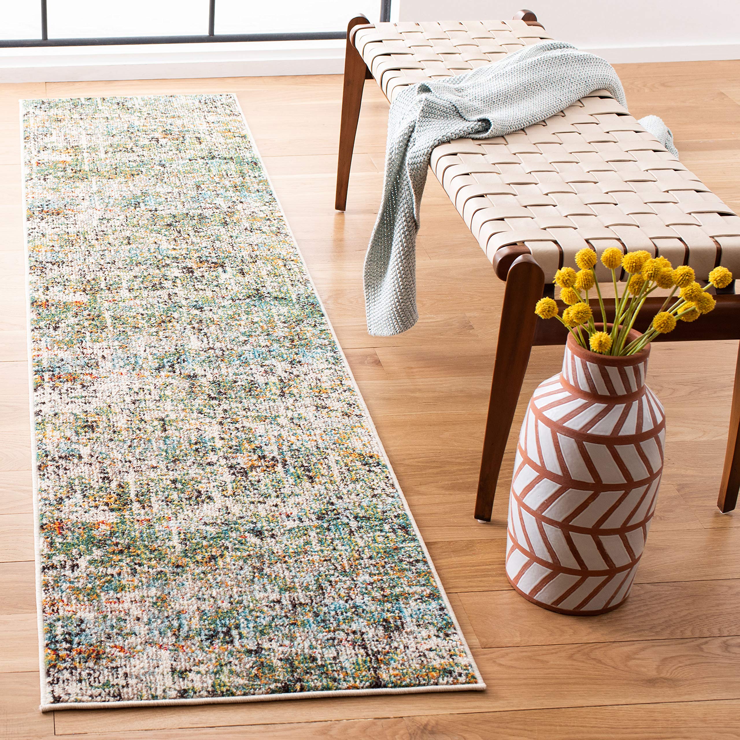 SAFAVIEH Madison Collection Runner Rug - 22 x 6, Green & Turquoise, Modern Abstract Design, Non-Shedding & Easy Care, Ideal fo