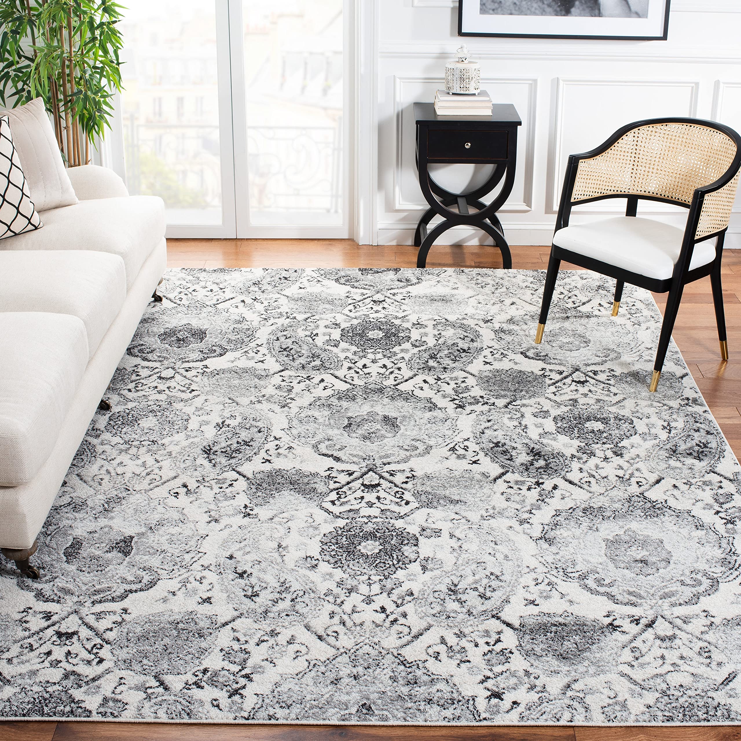 SAFAVIEH Madison Collection Area Rug - 8 Square, Cream & Silver, Boho Chic Glam Paisley Design, Non-Shedding & Easy Care, Ideal