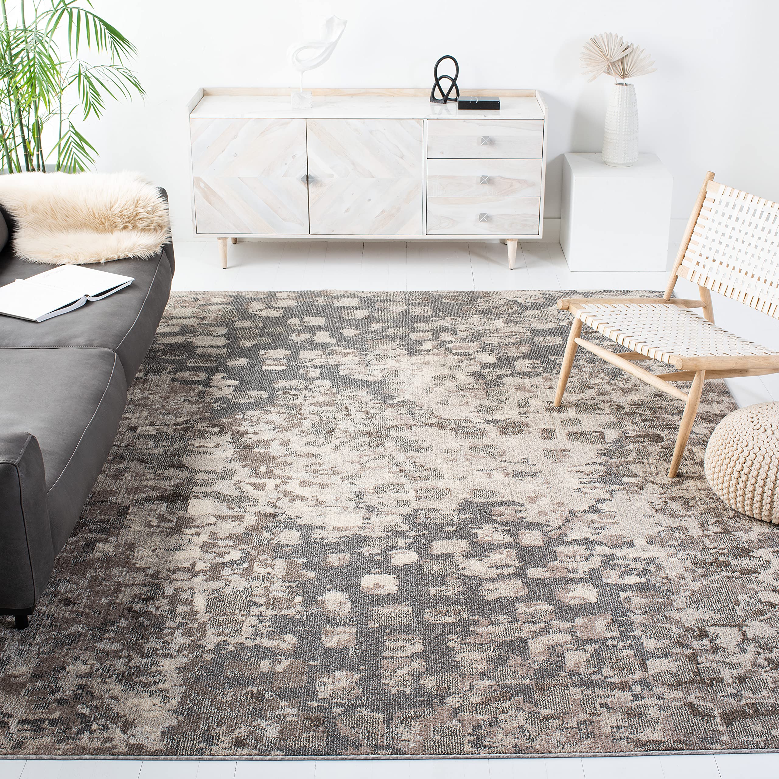 SAFAVIEH Madison Collection Area Rug - 67 Square, Grey & Beige, Boho Abstract Design, Non-Shedding & Easy Care, Ideal for High 