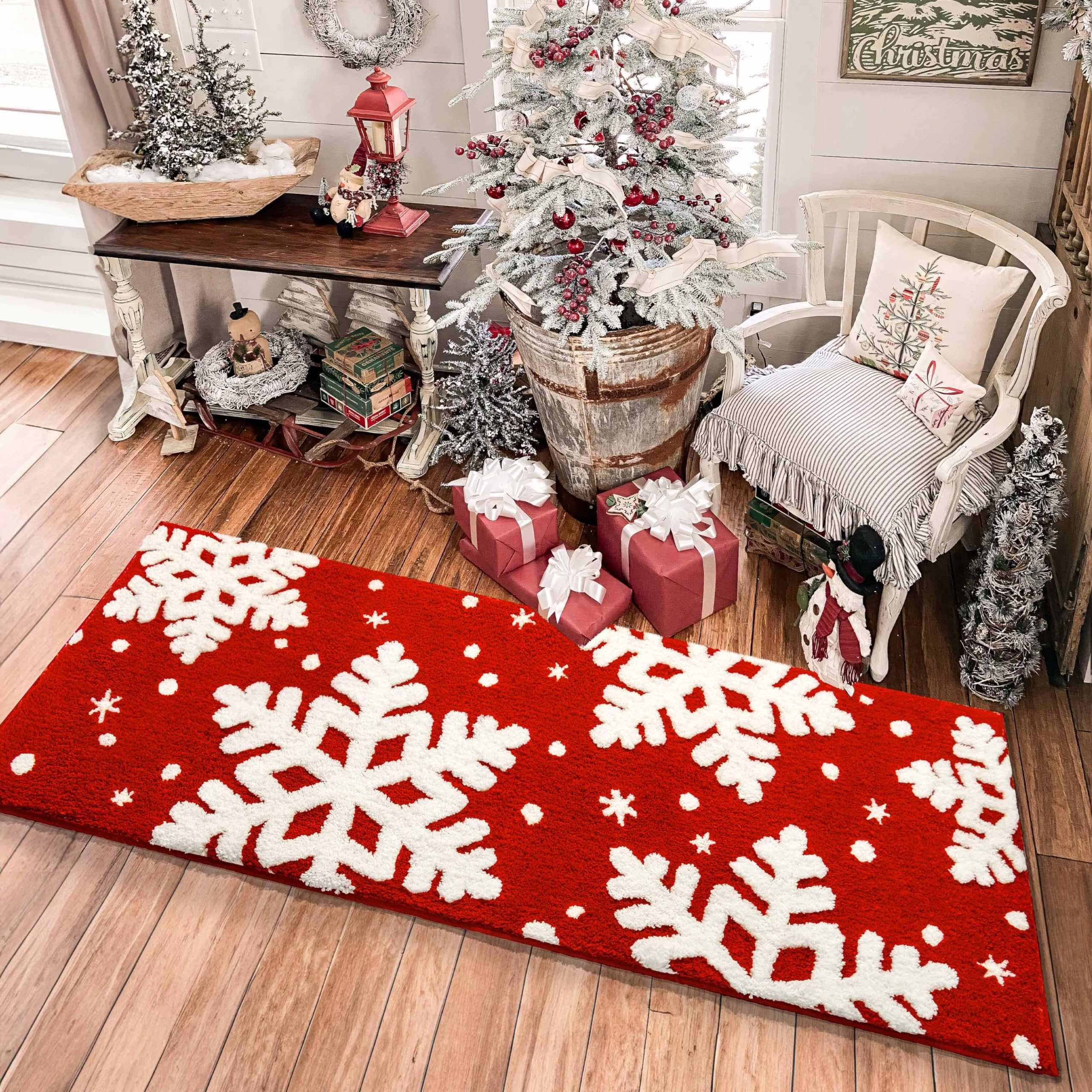 Christmas Bathroom Decor Red Bathroom Rugs Runner Cute Bath Mat Non-Slip White Snow Christmas Home Decorations Microfiber Absorb