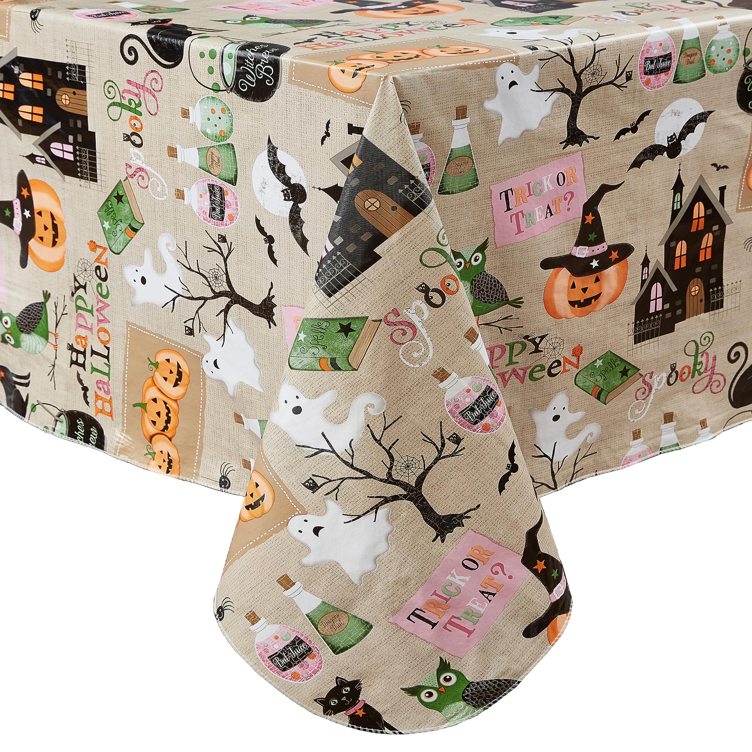 Newbridge Happy Halloween Witches Brew 52 X 70 Inch Rectangle Vinyl Tablecloth With Flannel Backing, Witch Spells, Ghosts, Bats