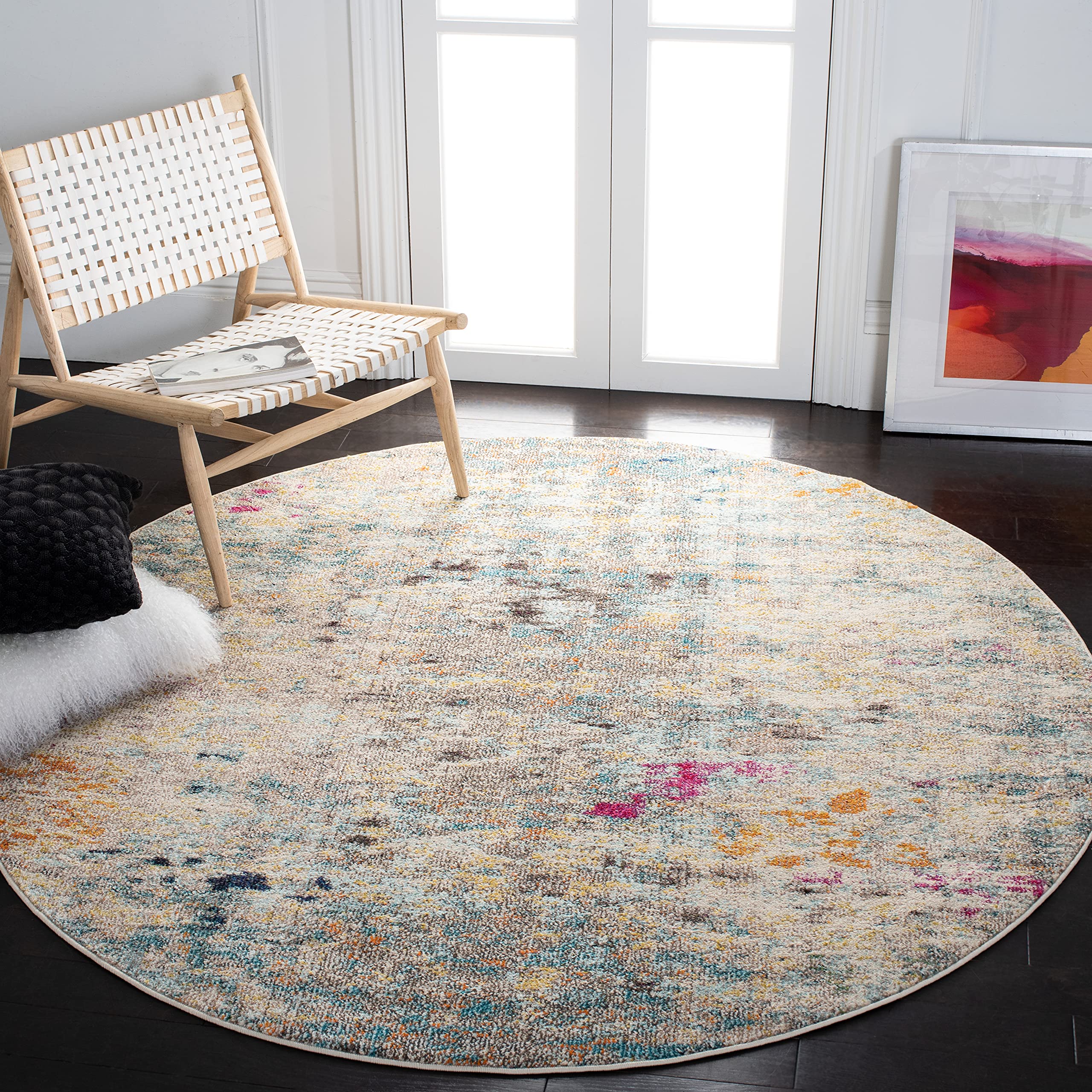 SAFAVIEH Madison Collection 67 Round Grey / Gold MAD425F Boho Abstract Distressed Non-Shedding Dining Room Entryway Foyer Livin