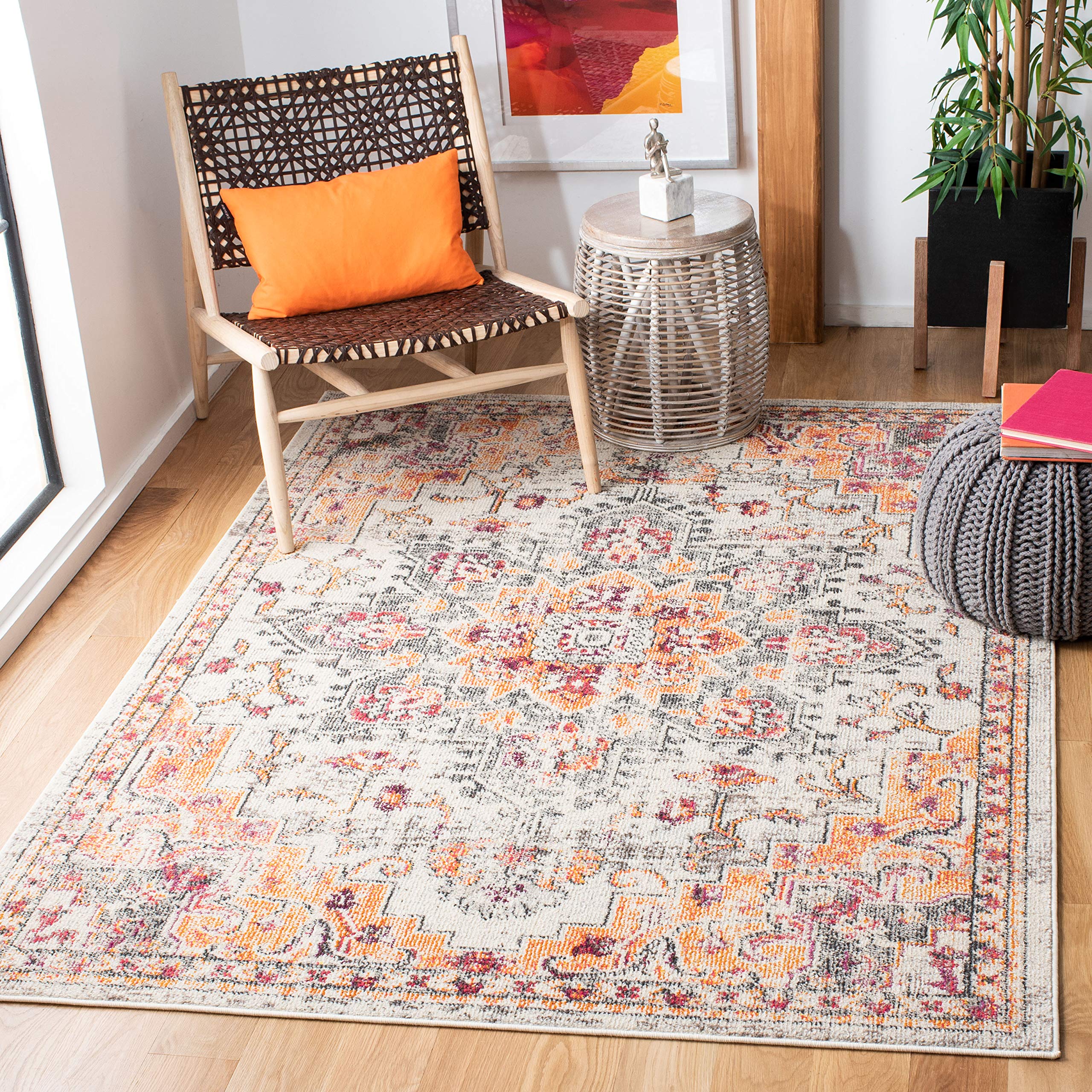 SAFAVIEH Madison Collection Accent Rug - 4 x 6, Beige & Orange, Medallion Distressed Design, Non-Shedding & Easy Care, Ideal f