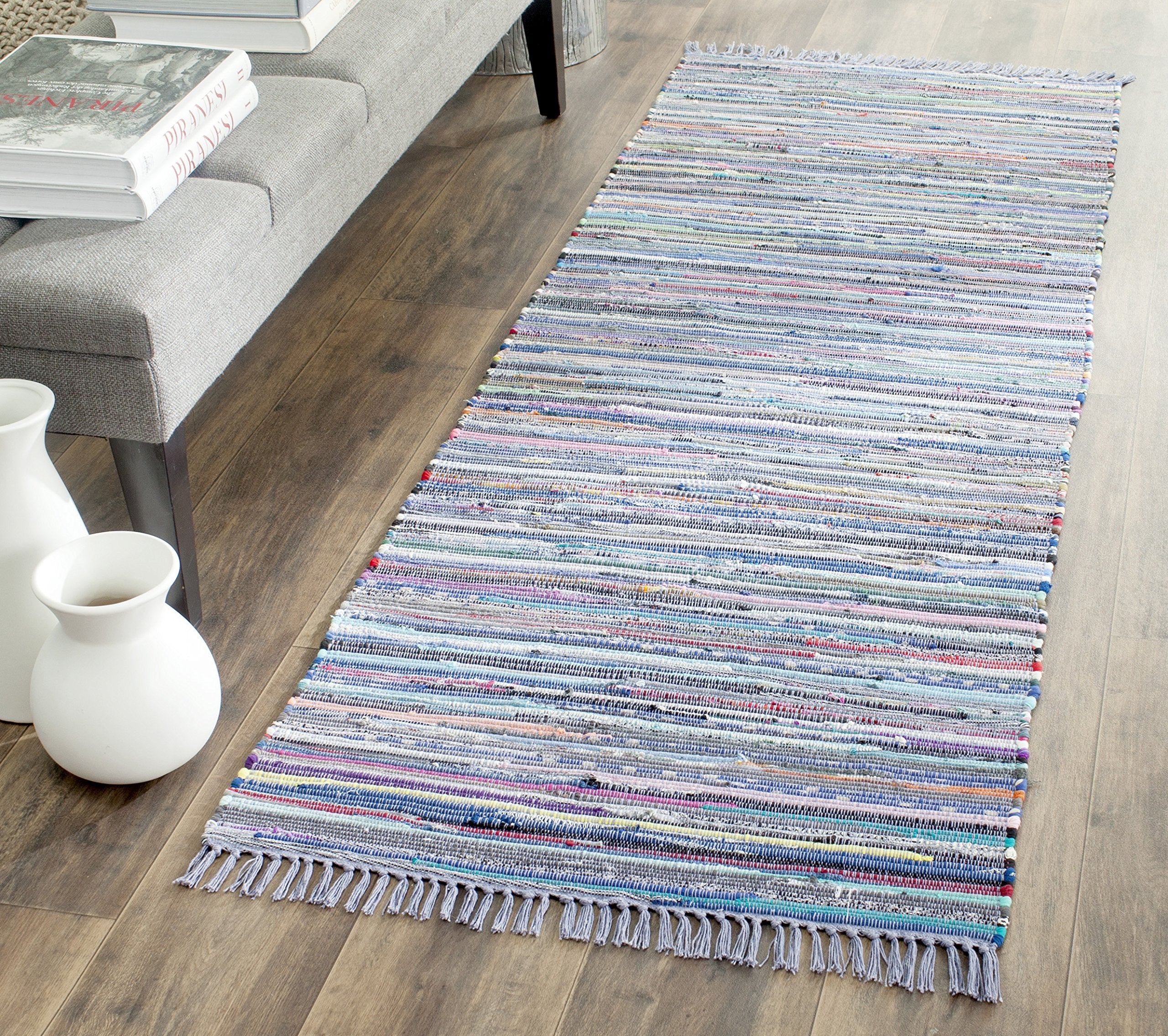 SAFAVIEH Rag Rug Collection Runner Rug - 23 x 10, Purple & Multi, Handmade Boho Stripe Cotton, Ideal for High Traffic Areas in