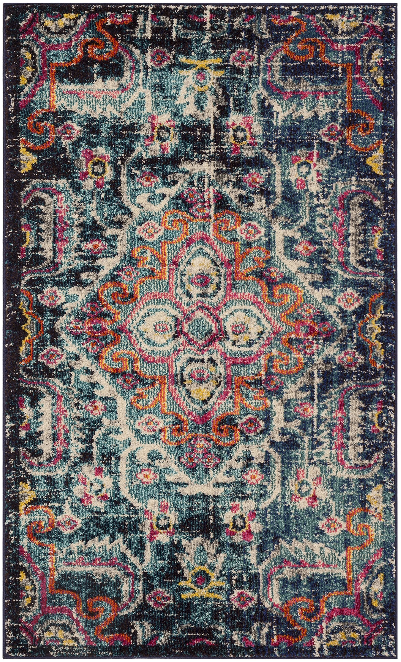 SAFAVIEH Monaco Collection Accent Rug - 3 x 5, Blue & Fuchsia, Medallion Distressed Design, Non-Shedding & Easy Care, Ideal fo